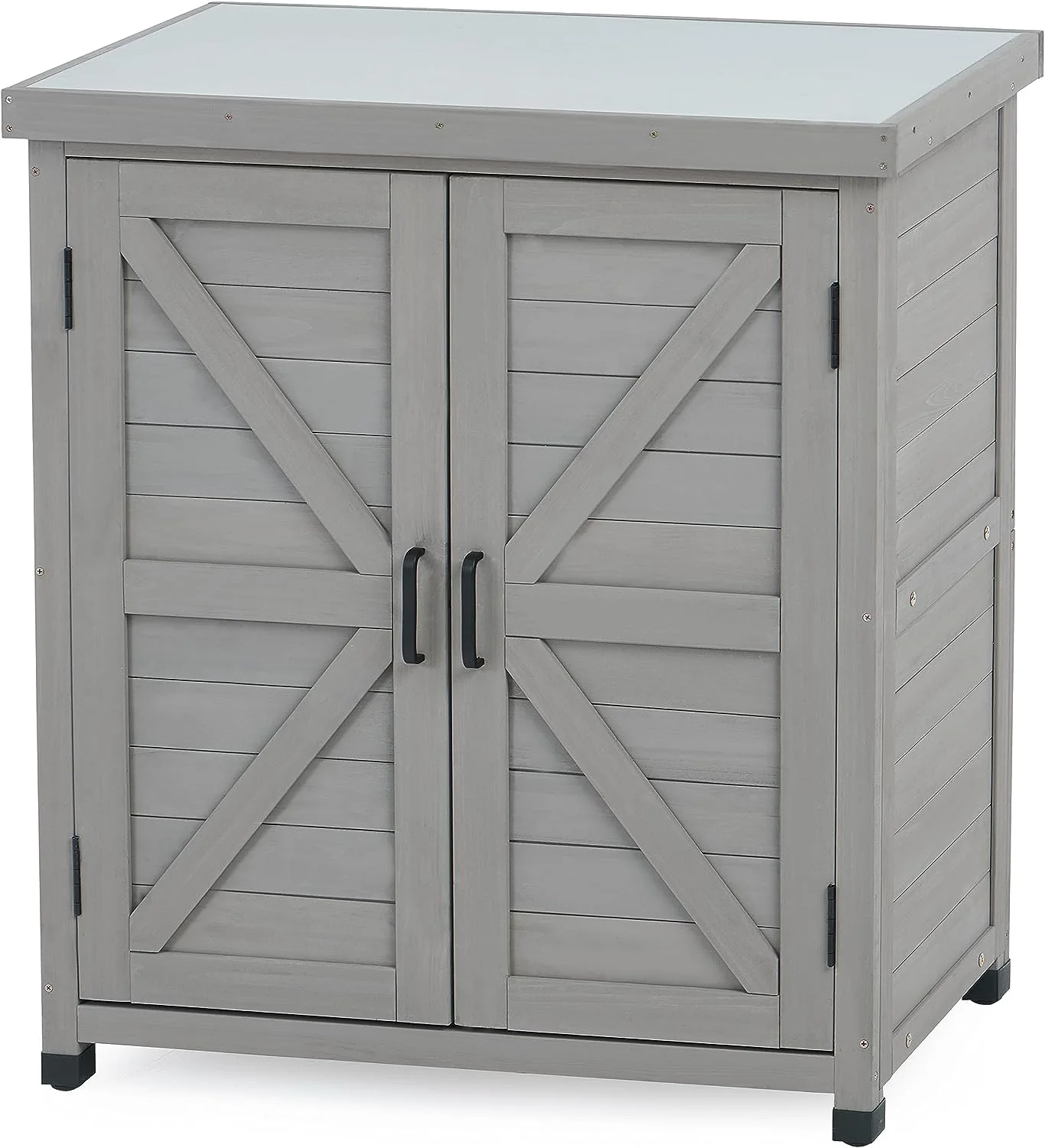 Potting Bench with Storage Cabinet and Metal Table Top for Outdoor Patio, Garden Furniture Wood Workstation