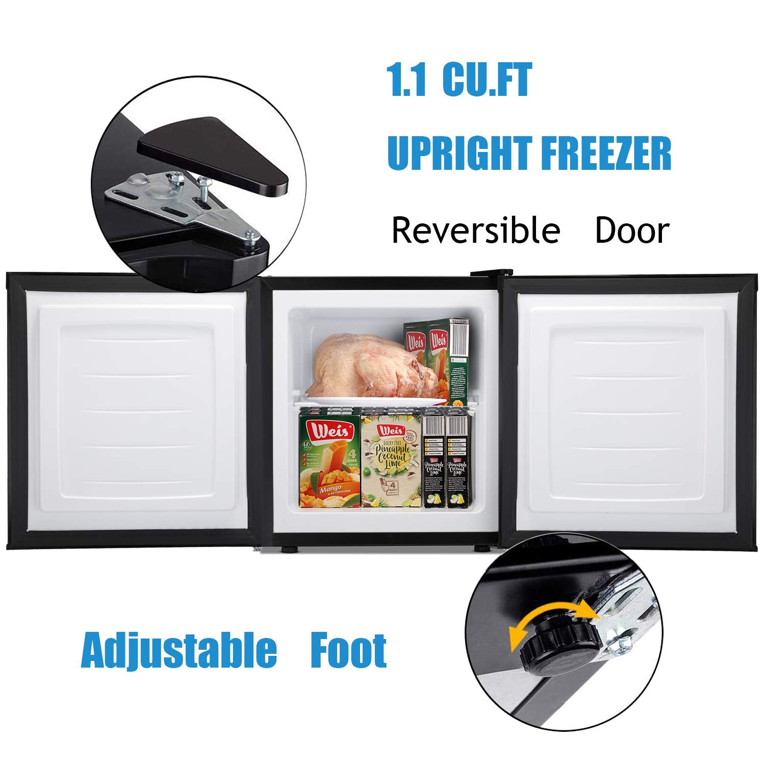 Antarctic Star Compact Chest Upright Freezer Single Door Reversible Stainless Steel Door, Compact Adjustable Removable Shelves for Home Office, 1.1 cu.Black