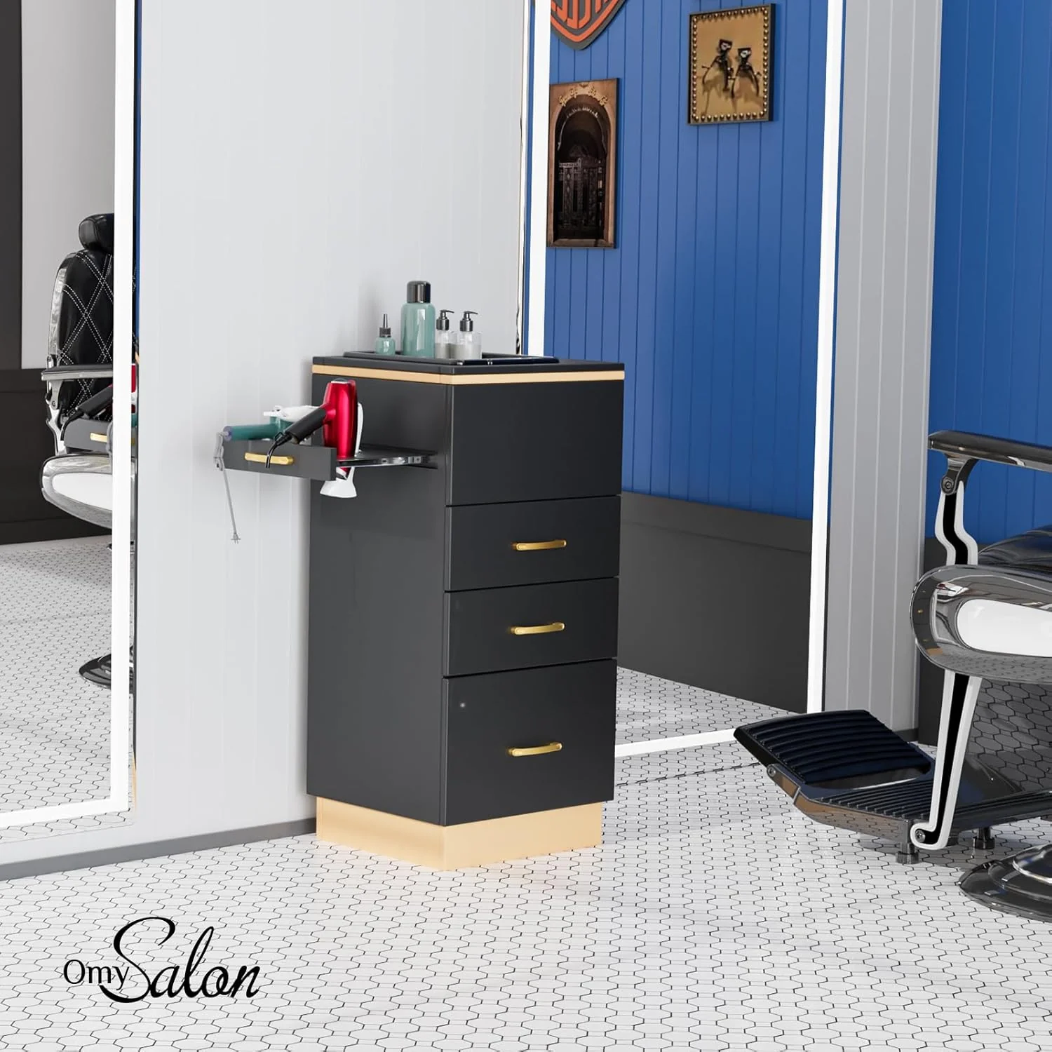 OmySalon Salon Storage Station, Barber Stations Beauty Salon Spa Equipment with 3 Drawers, a Storage Basin, 3 Hair Dryer Holders for Hair Styling, White Gold