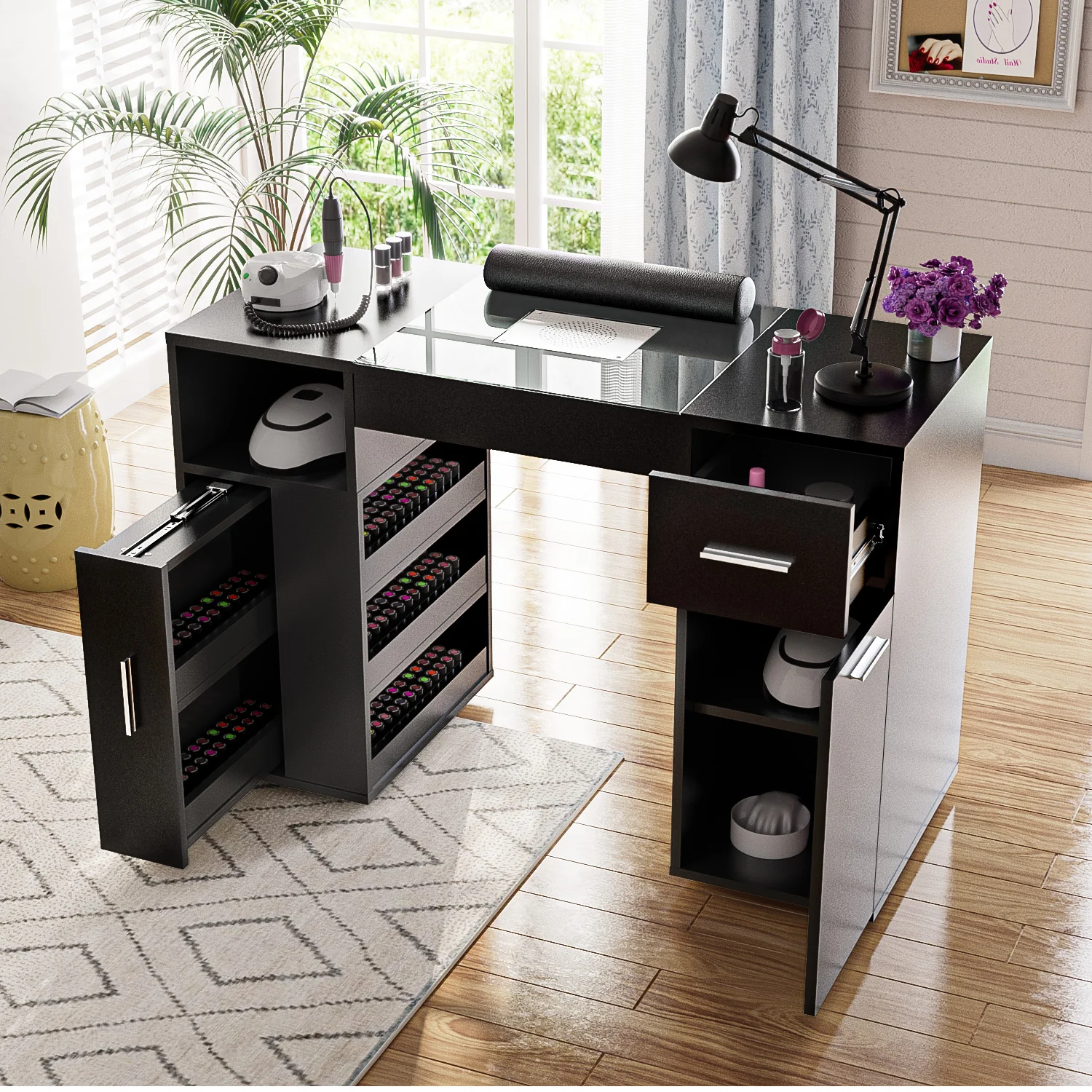 Manicure Table with Glass Top Black