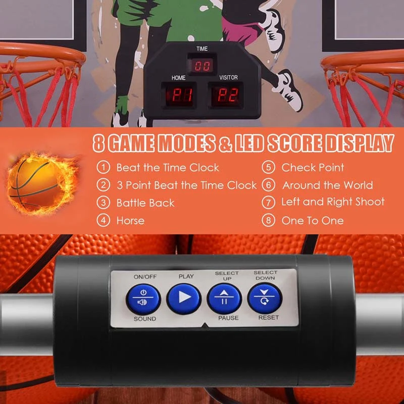 2 Player Foldable Basketball Arcade Game with 4 Balls, Indoor Double Shot Electronic Basketball Game