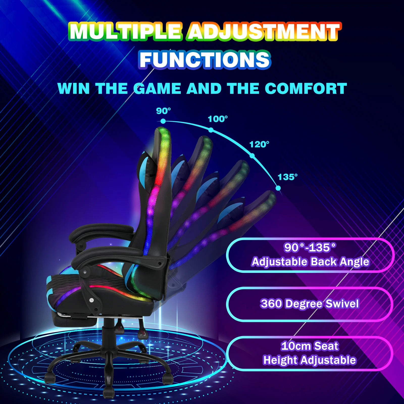 Gaming Chair 12 RGB LED Massage Chair Blue