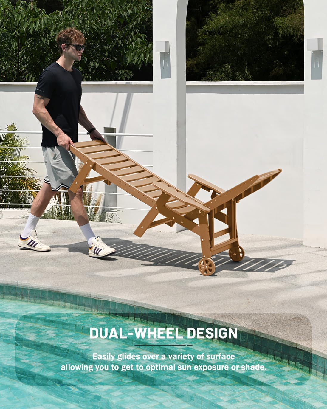 Lounge Chair Outdoor, Chaise Lounge, HDPE 6-Position Outdoor Chaise Lounge, Patio Lounge Chair with Wheels & Cup Holder for Pool Poolside Deck Backyard, Teak