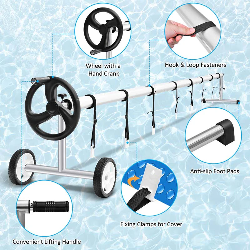 18 FT Solar Pool Cover Reel Set with Hand Crank & Wheels, Aluminum Solar Swimming Inground Cover Blanket Reel Roller