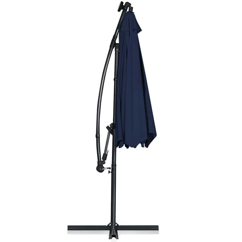 10 FT Patio Offset Umbrella with Solar Lights 360�� Rotation Outdoor Market Umbrella with Crank Handle & Cross Base