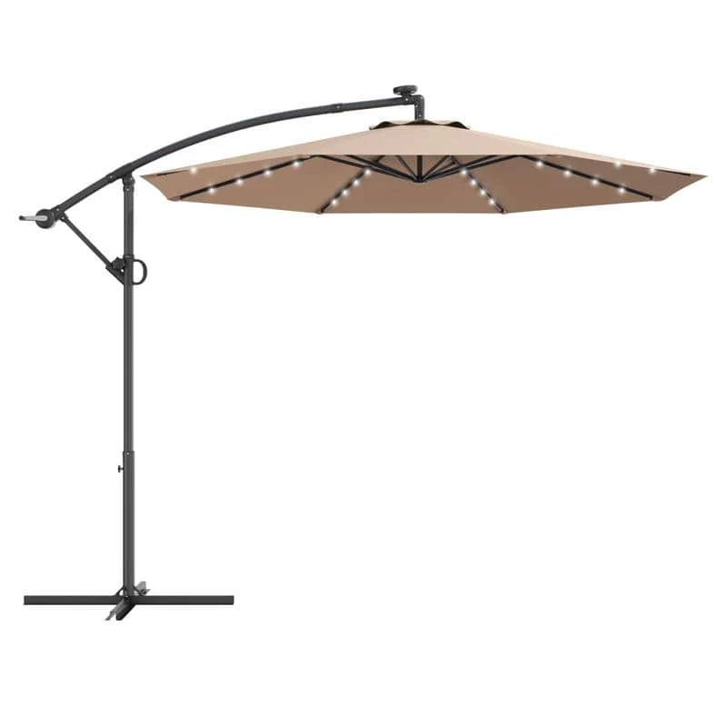 10 FT Patio Offset Umbrella with Solar Lights 360�� Rotation Outdoor Market Umbrella with Crank Handle & Cross Base