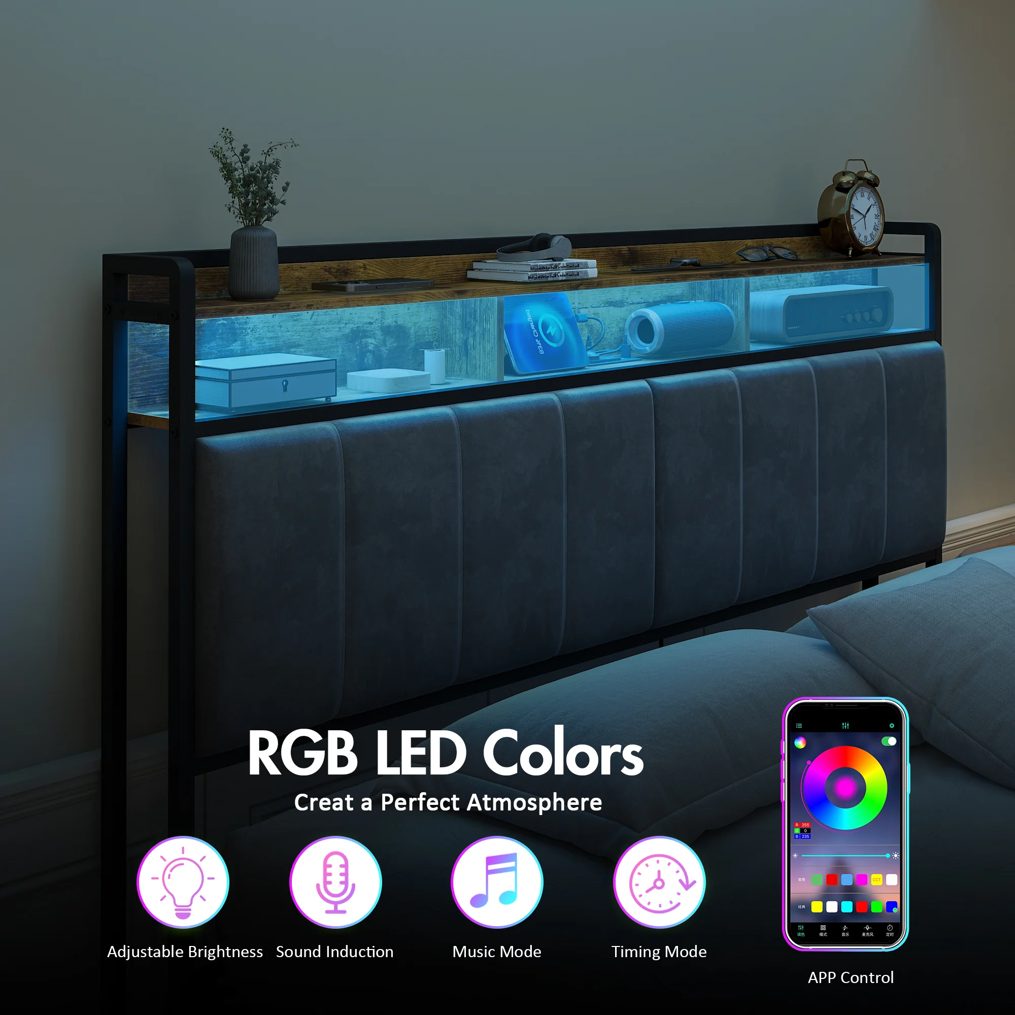 Storage Headboard Upholstered with Charging Station