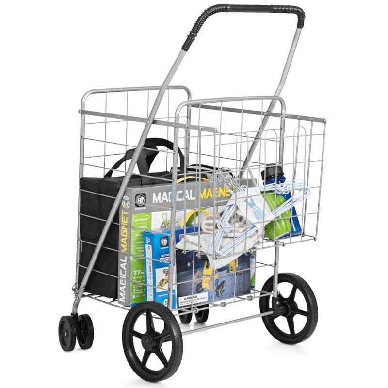 Jumbo Folding Shopping Cart Large Rolling Grocery Utility Cart with Double Basket & 360�� Swivel Wheels