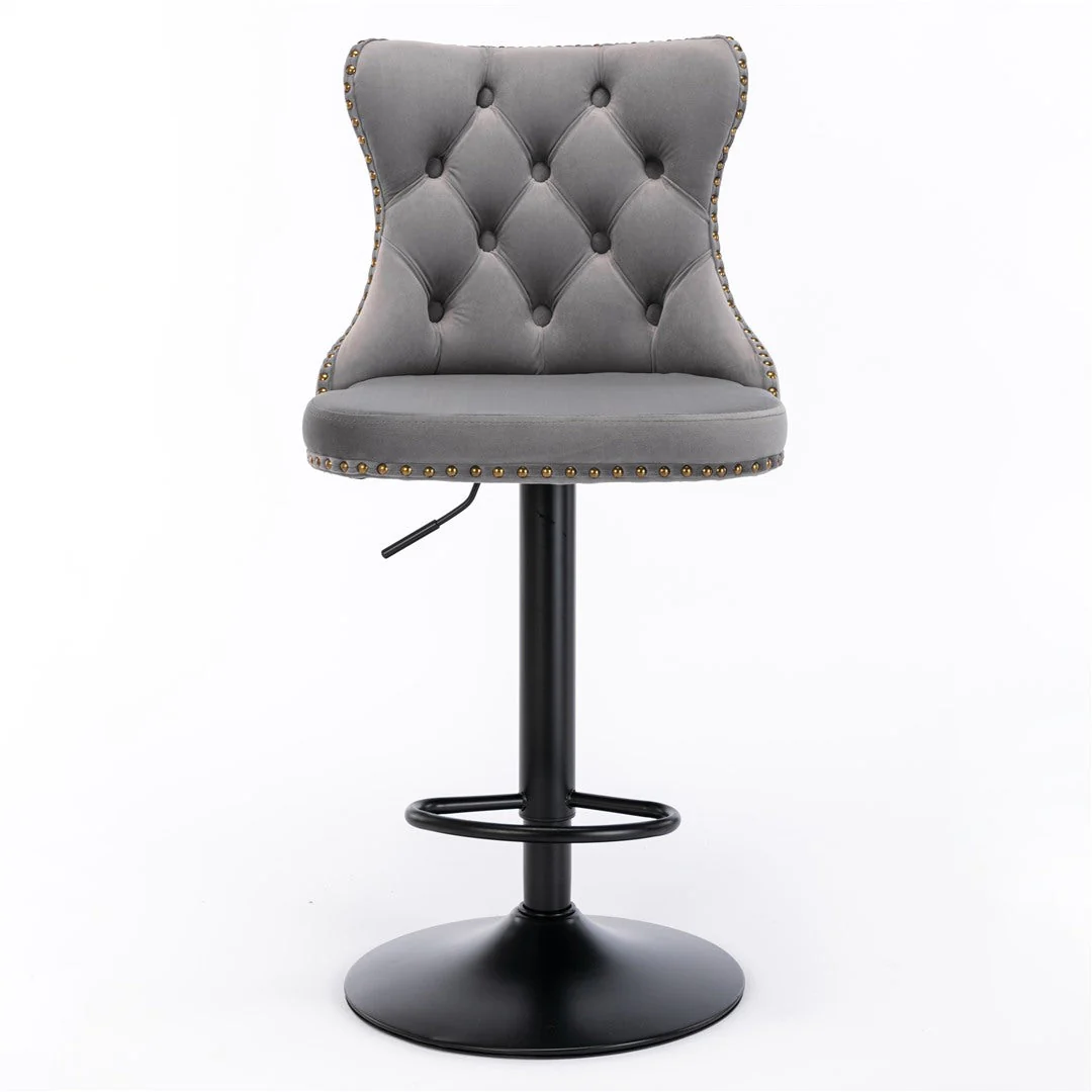 4x Height Adjustable Swivel Bar Stool Velvet Nailhead Barstool with Footrest