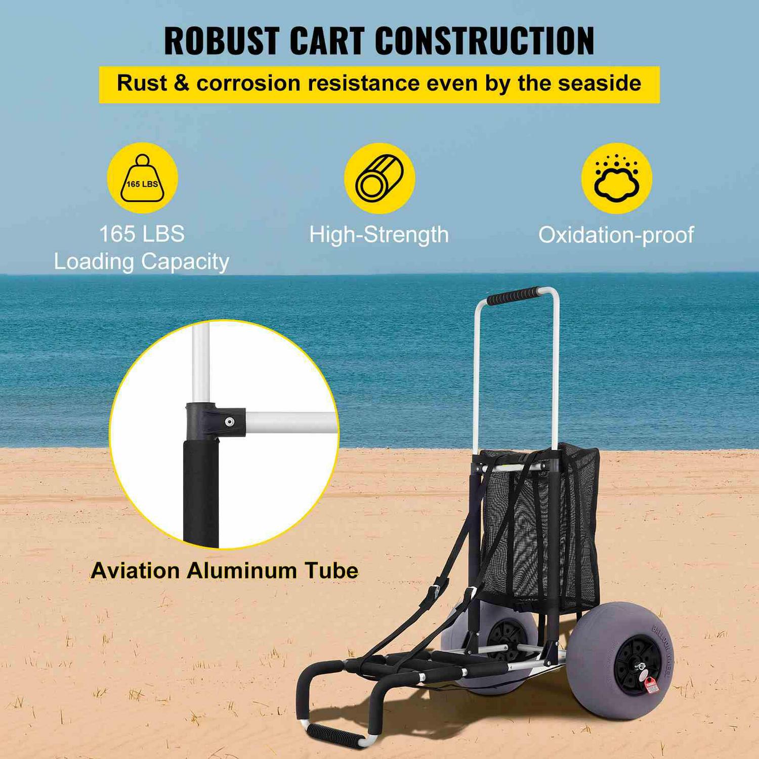 BENTISM Beach Cart for Sand, 165 lbs Capacity, Foldable, Adjustable Handle, 13��� Balloon Wheels, Black