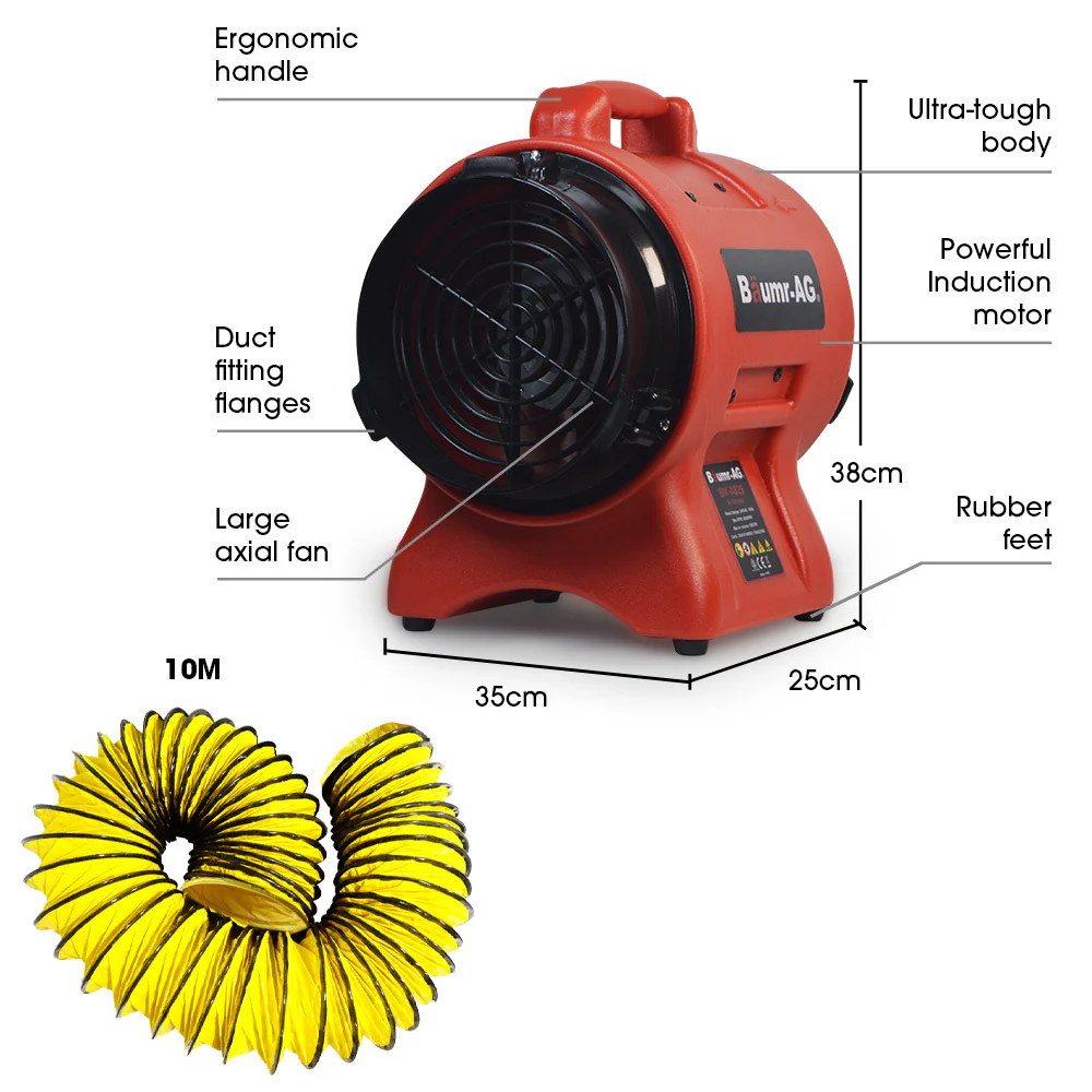 Baumr-AG 200mm 8 inch Portable Axial Air Mover Blower Fan with 10m Ventilation Duct
