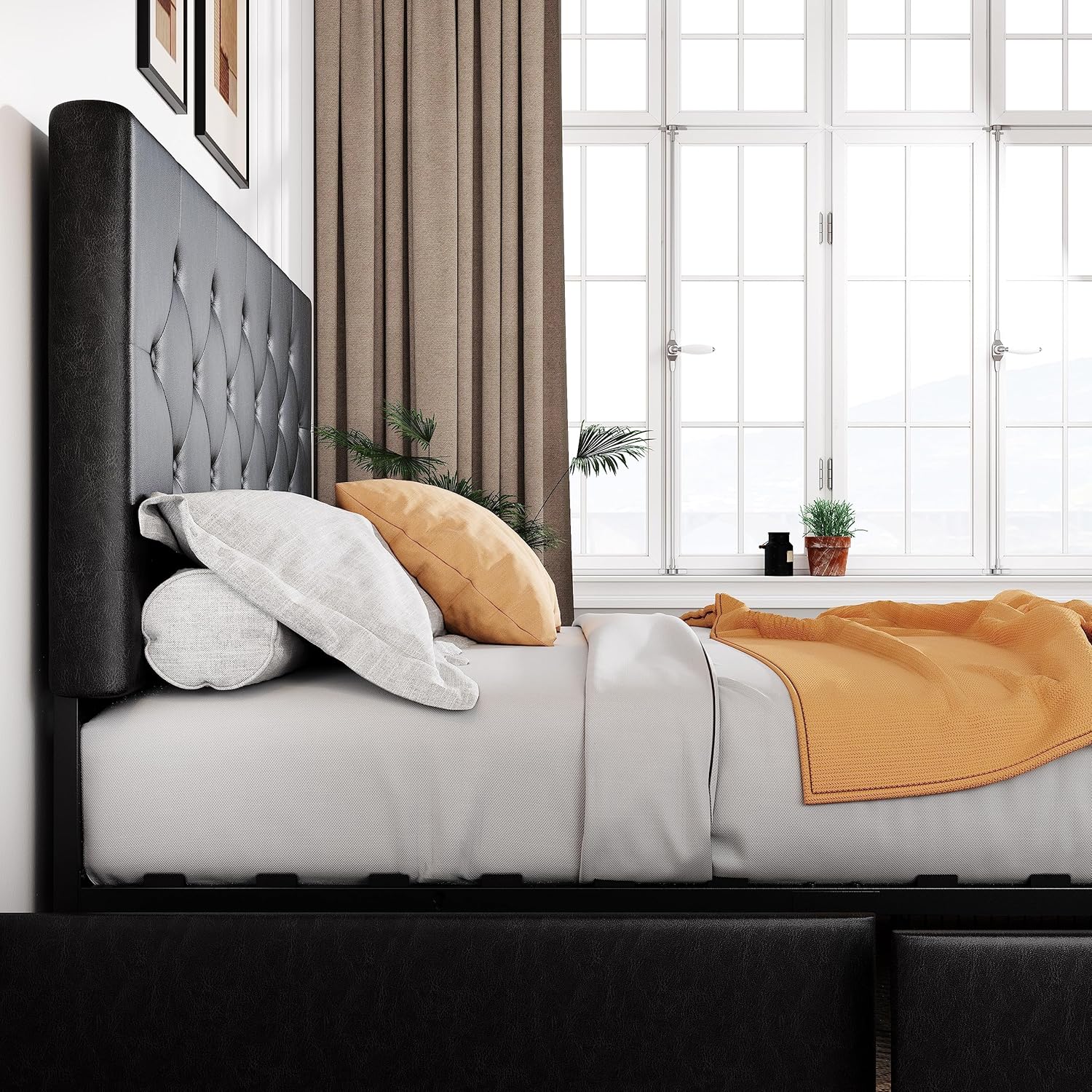 Allewie Upholstered Queen Size Platform Bed Frame with 4 Storage Drawers and Headboard, Square Stitched Button Tufted, Mattress Foundation with Wooden Slats Support, No Box Spring Needed, Light Grey