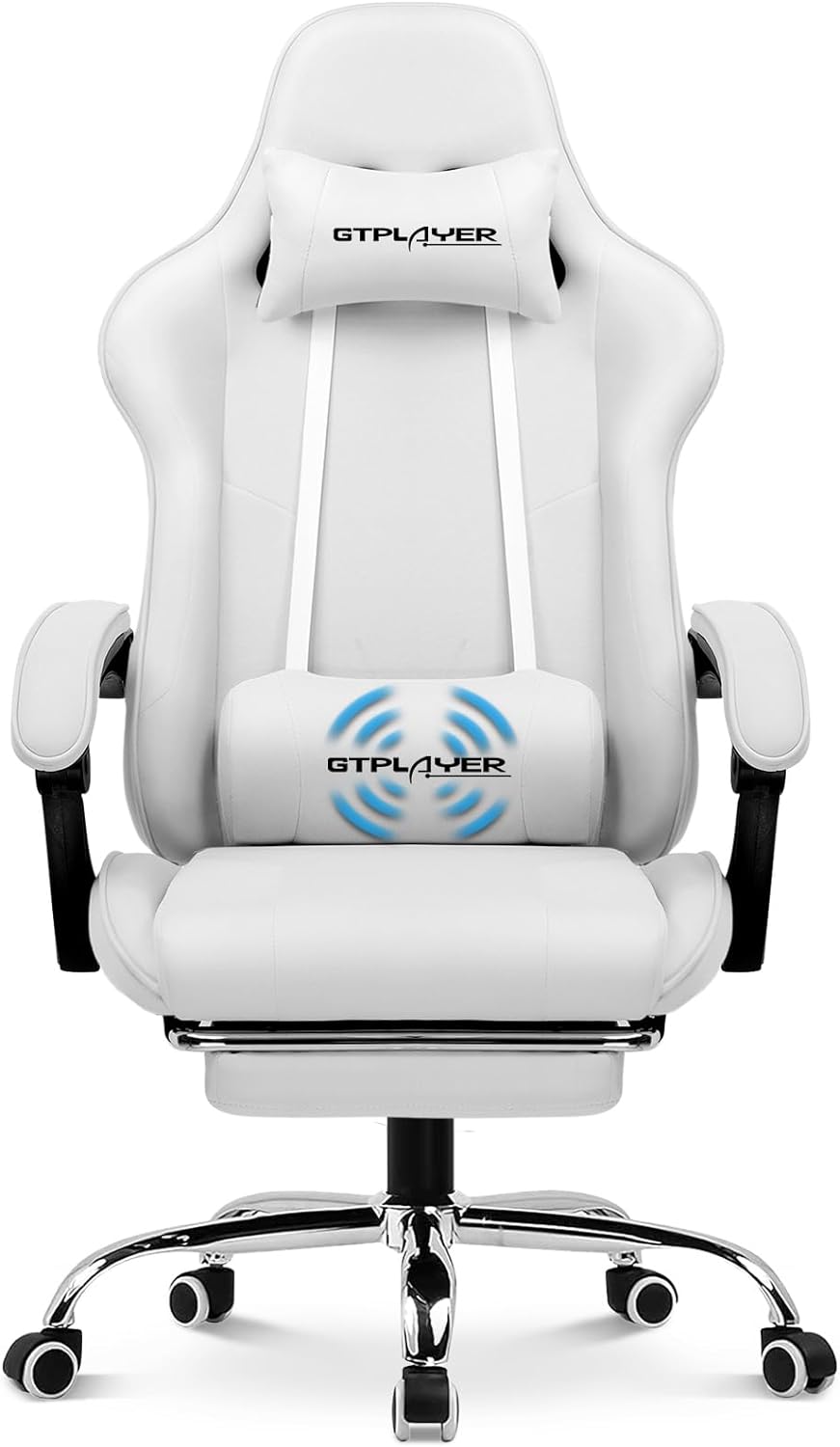 GTPLAYER Gaming Chair, Computer Chair with Footrest and Lumbar Support, Height Adjustable Game Chair with 360  -Swivel Seat and Headrest and for Office or Gaming (White)