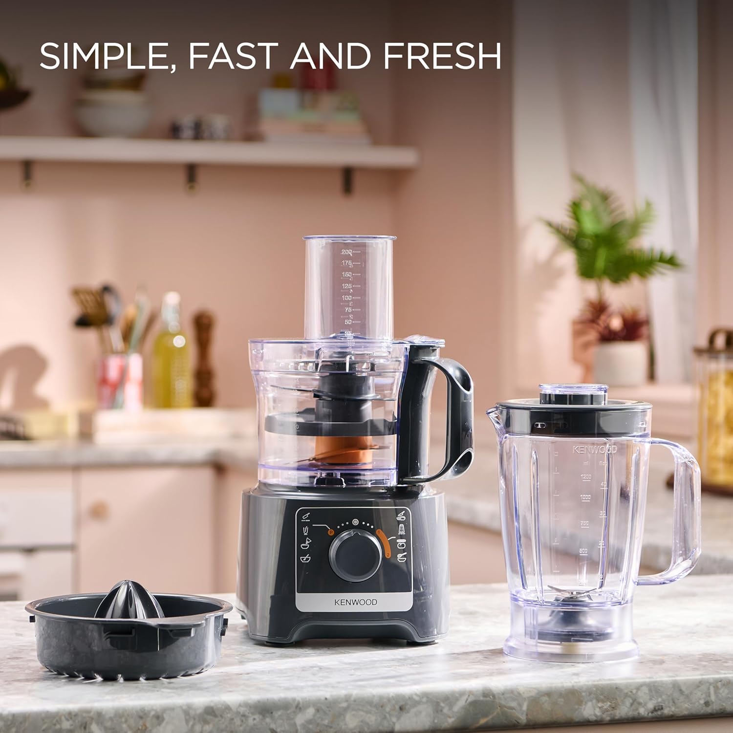 Kenwood MultiPro Compact Food Processor and Blender FDP31.360GY, Includes 1.2L Blender Bowl and 1.2L Food Mixer Bowl, Citrus Juicer, Slicing Grating Disc, Variable Speed with Pulse Function, 800W, Grey