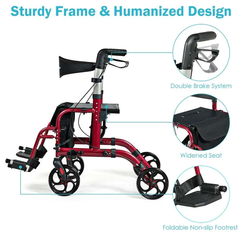 2 in 1 Rollator Walker Wheelchair Folding Medical Walker, Aluminum Transport Chair Mobility Walking Aid