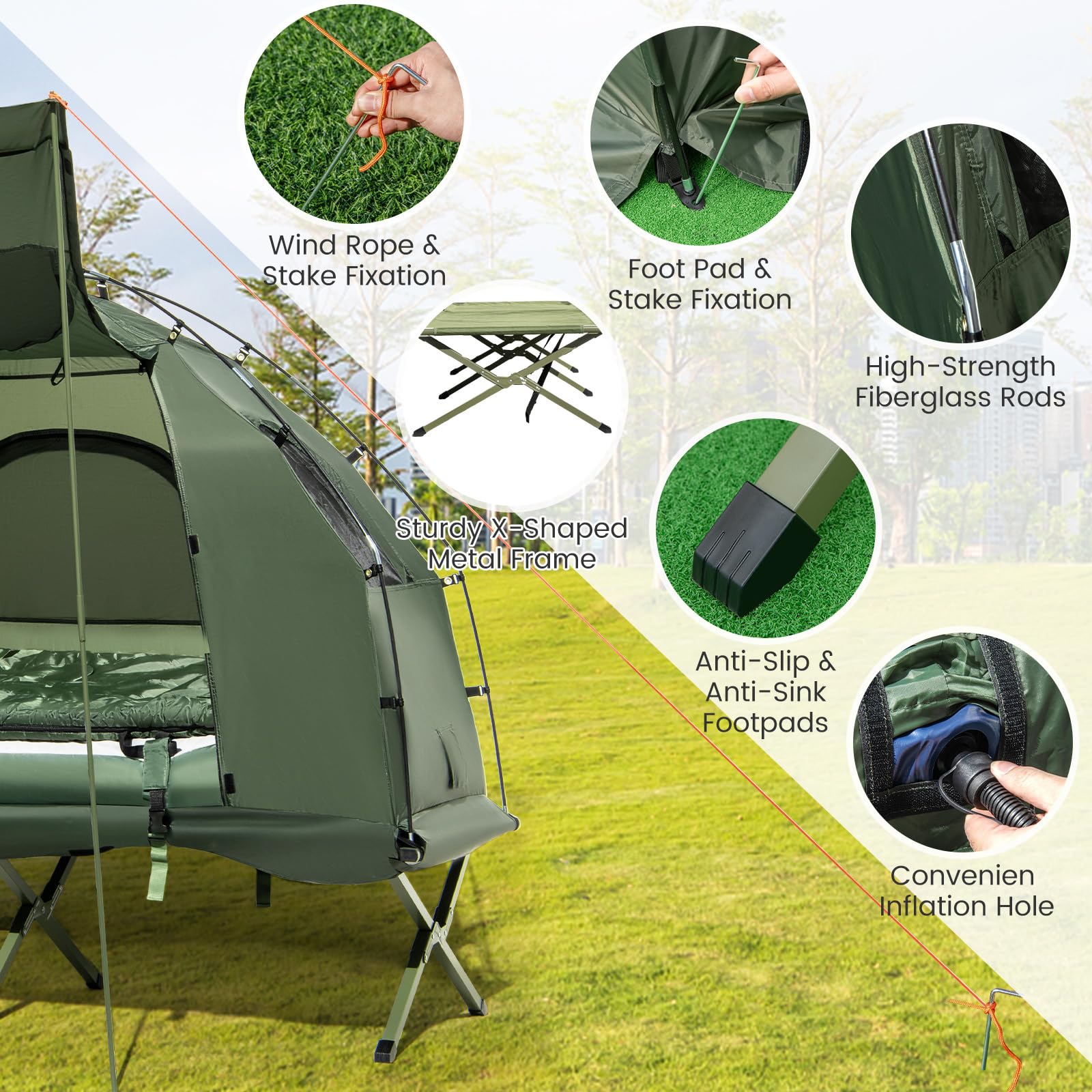 Camping Tent Cot, 5-in-1 Folding Camping Bed with Air Mattress, Pillow, Sleeping Bag, Waterproof Elevated Tent Shelter