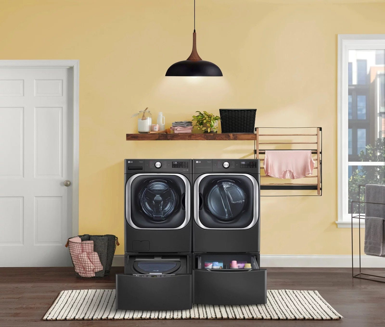 LG �C SideKick 1.0 Cu. Ft. High-Efficiency Smart Top Load Pedestal Washer with 3-Motion Technology �C Black steel