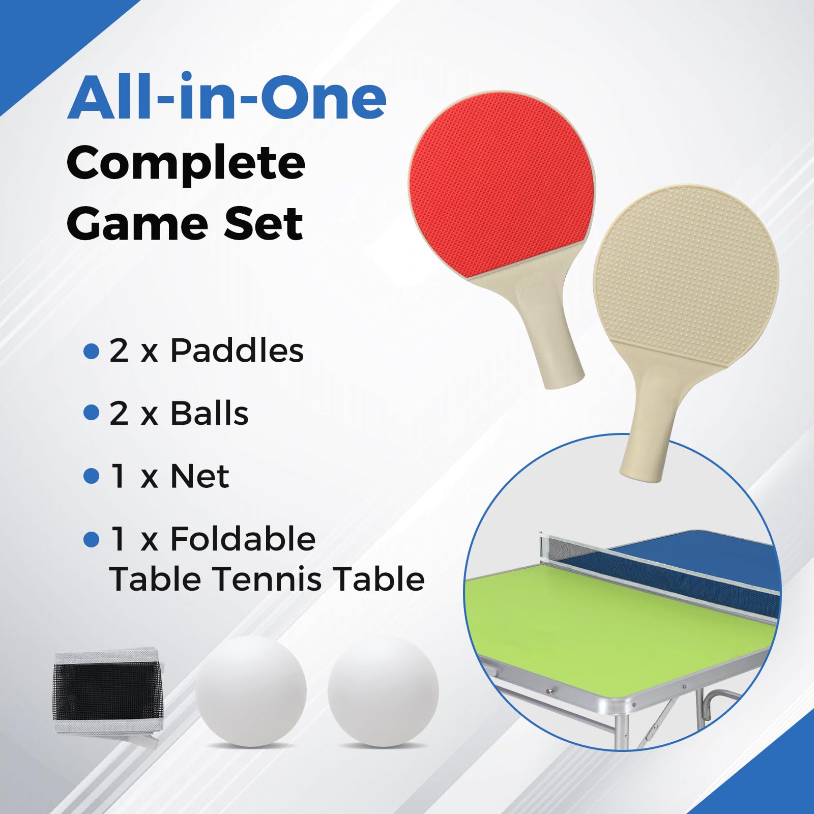 Foldable Ping Pong Table, 100% Preassembled, Table Tennis Table with Net, 2 Paddles( Blue&Green-47'' )