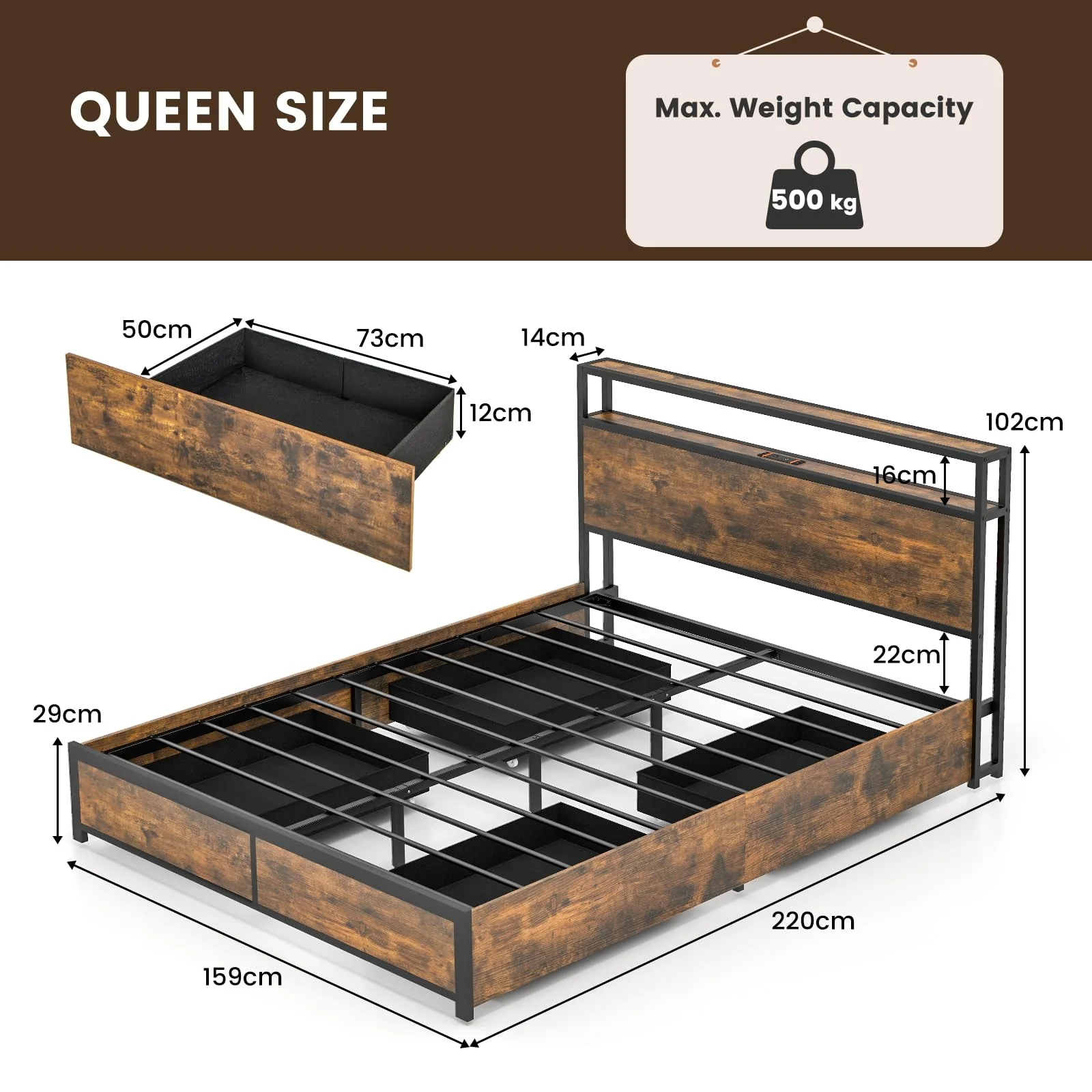 Giantex Queen Bed Frame with Smart LED Lights, Metal Platform Bed with Storage Headboard