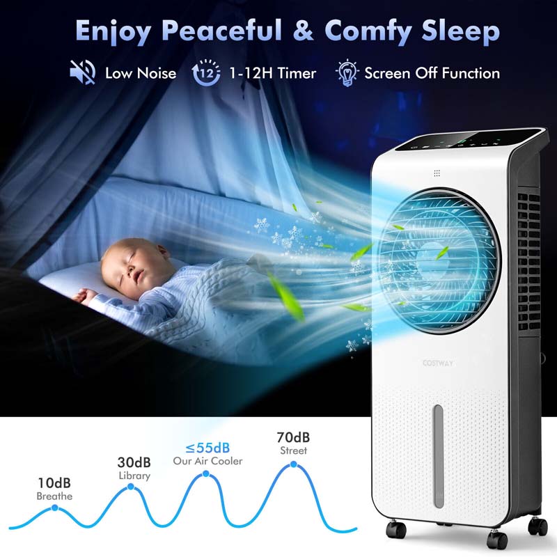 Portable Evaporative Air Cooler, 3-in-1 Swamp Cooler with Fan & Humidifier, 360�� Rotating Fan Blade, 12H Timer