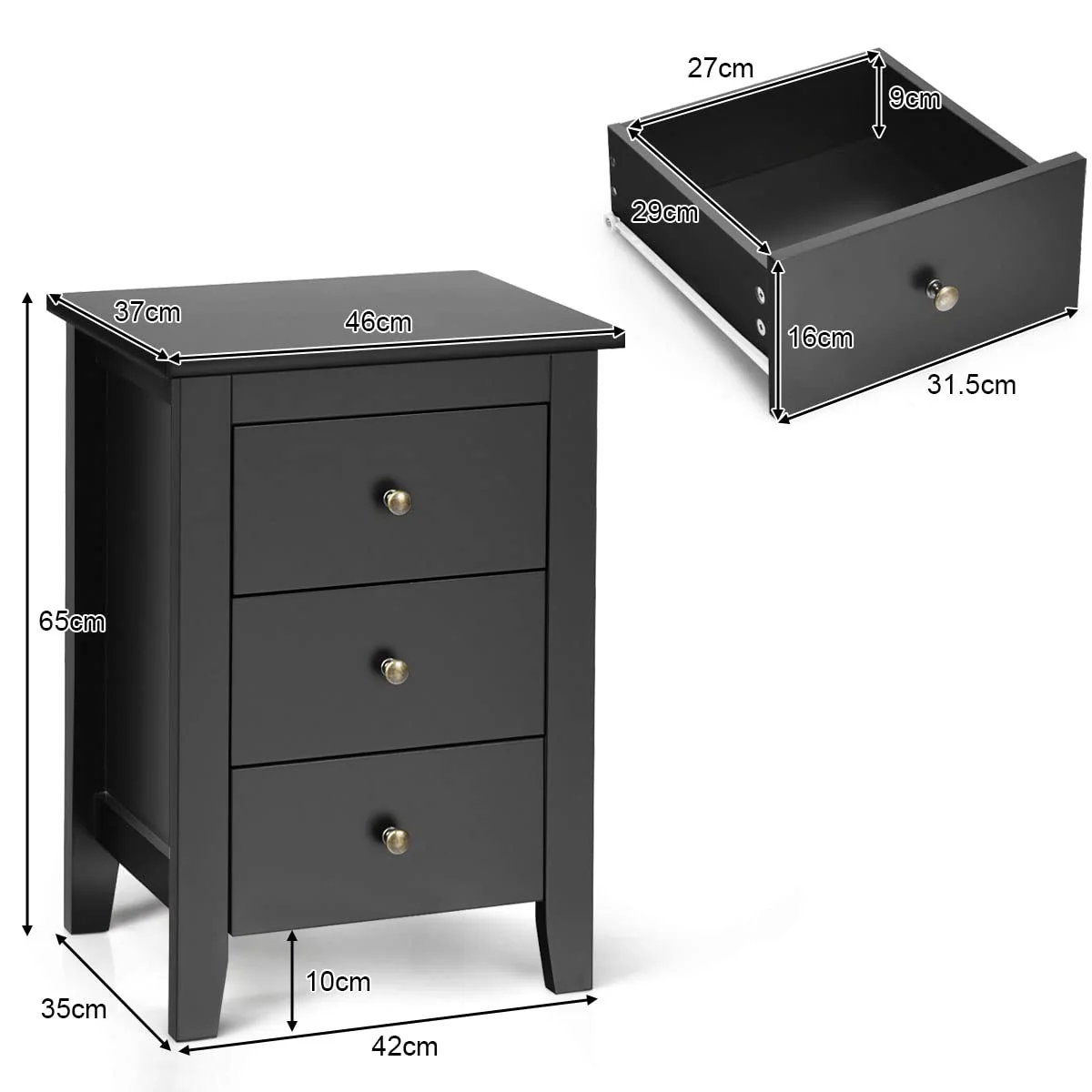 Giantex 2Pcs Bedside Table, Nightstand w/ 3 Drawers & Solid Wood Legs