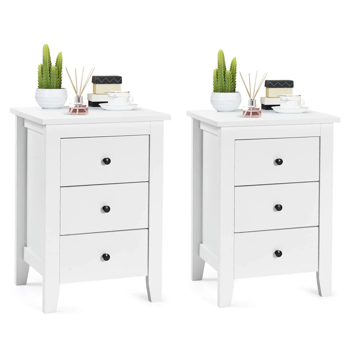 Giantex 2Pcs Bedside Table, Nightstand w/ 3 Drawers & Solid Wood Legs
