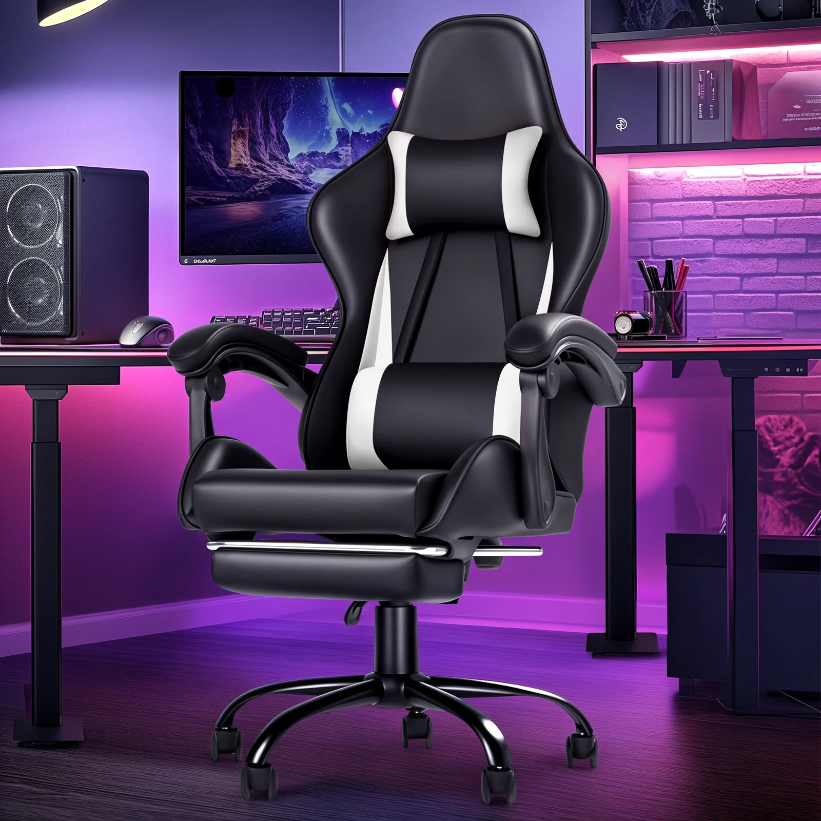 Gaming Chair Massage Lumbar with Footrest White