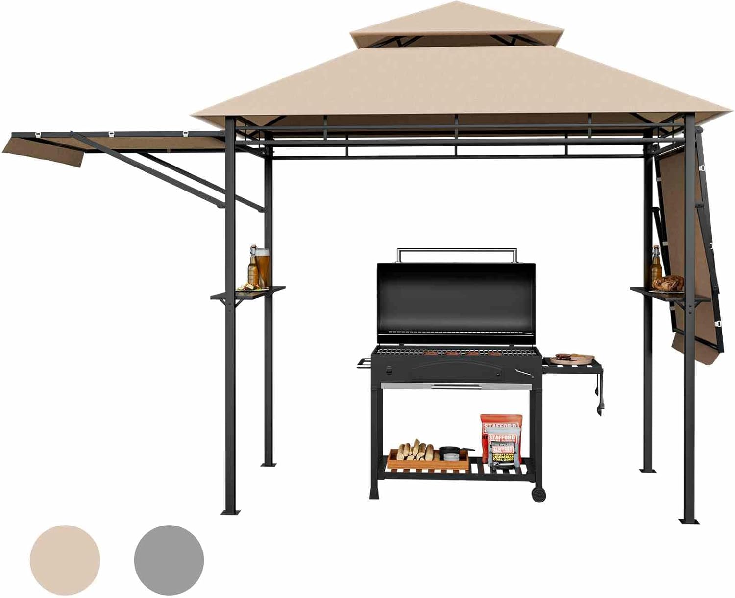 Costway 413x122cm Outdoor BBQ Grill Gazebo W/Dual Side Awnings, 2 Side Shelves, 8 Stakes Double-Tiered, CPAI-84 Flame-Retardant, Sun Shade Shelter Canopy Tent for Patio, Garden, Beach, Terrace