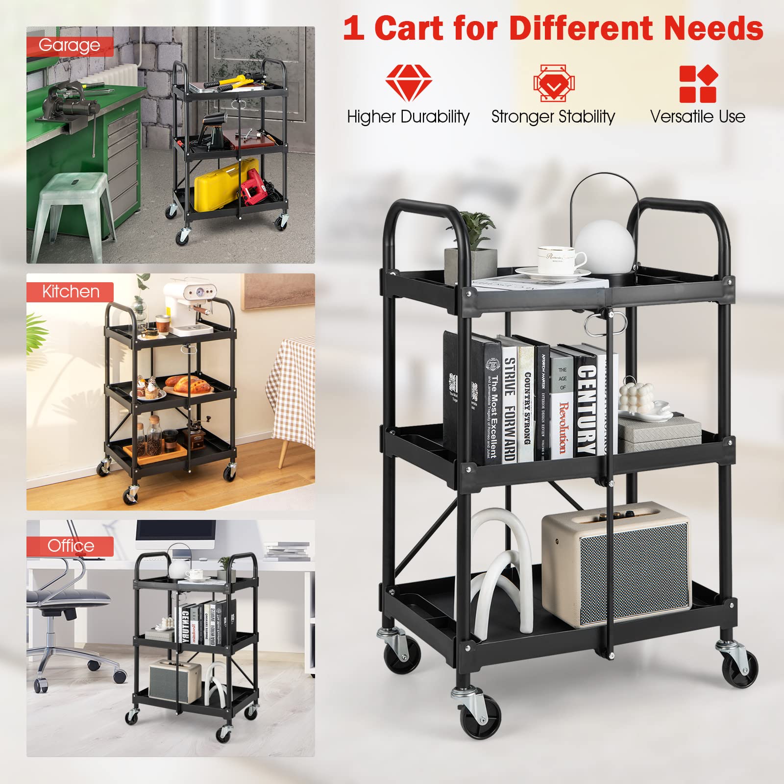 Folding Utility Cart, 3-Tier Rolling Tool Cart with Universal Wheels, 330 LBS Weight Capacity, Black