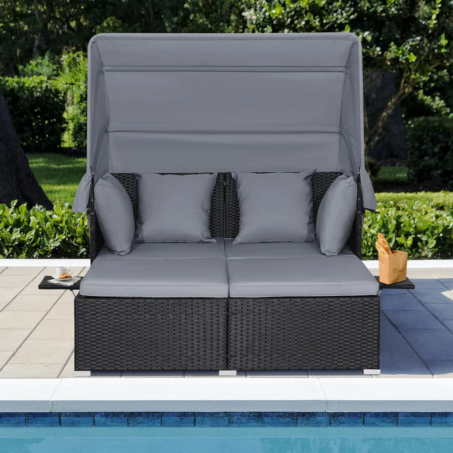 RELAX4LIFE Patio Outdoor Daybed with Canopy, Wicker Sunbed w/Cushions, 4 Pillows & 2 Retractable Side Trays, 2-Person Lounge Bed Conversation for Poolside Porch Garden, Rattan Outdoor Bed (Turquoise)