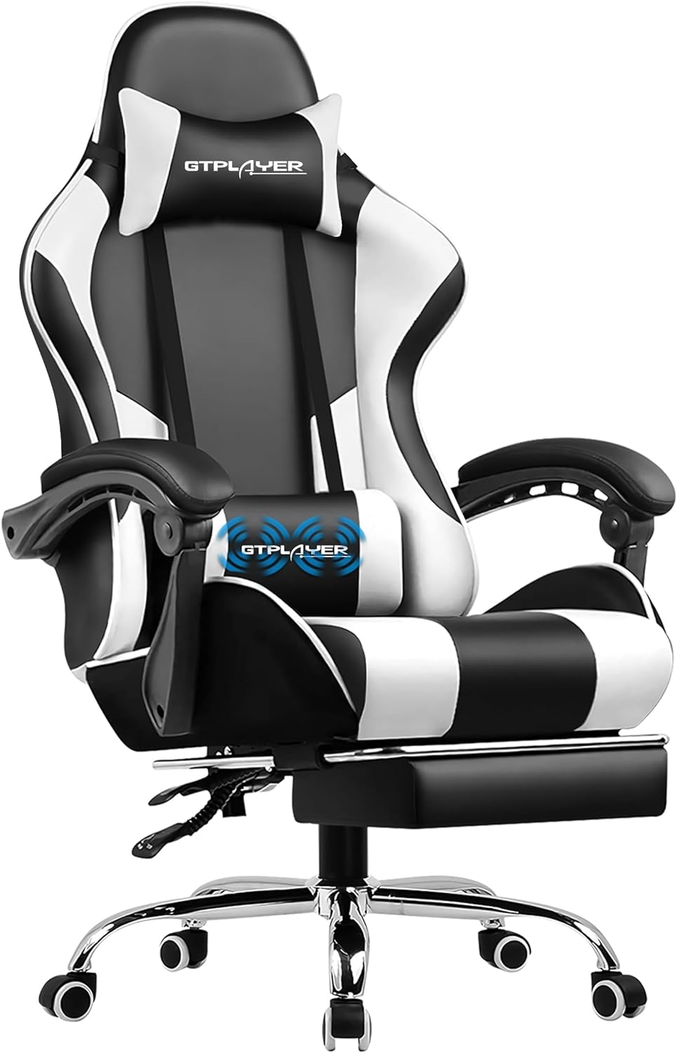 GTPLAYER Gaming Chair, Computer Chair with Footrest and Lumbar Support, Height Adjustable Game Chair with 360  -Swivel Seat and Headrest and for Office or Gaming (White)