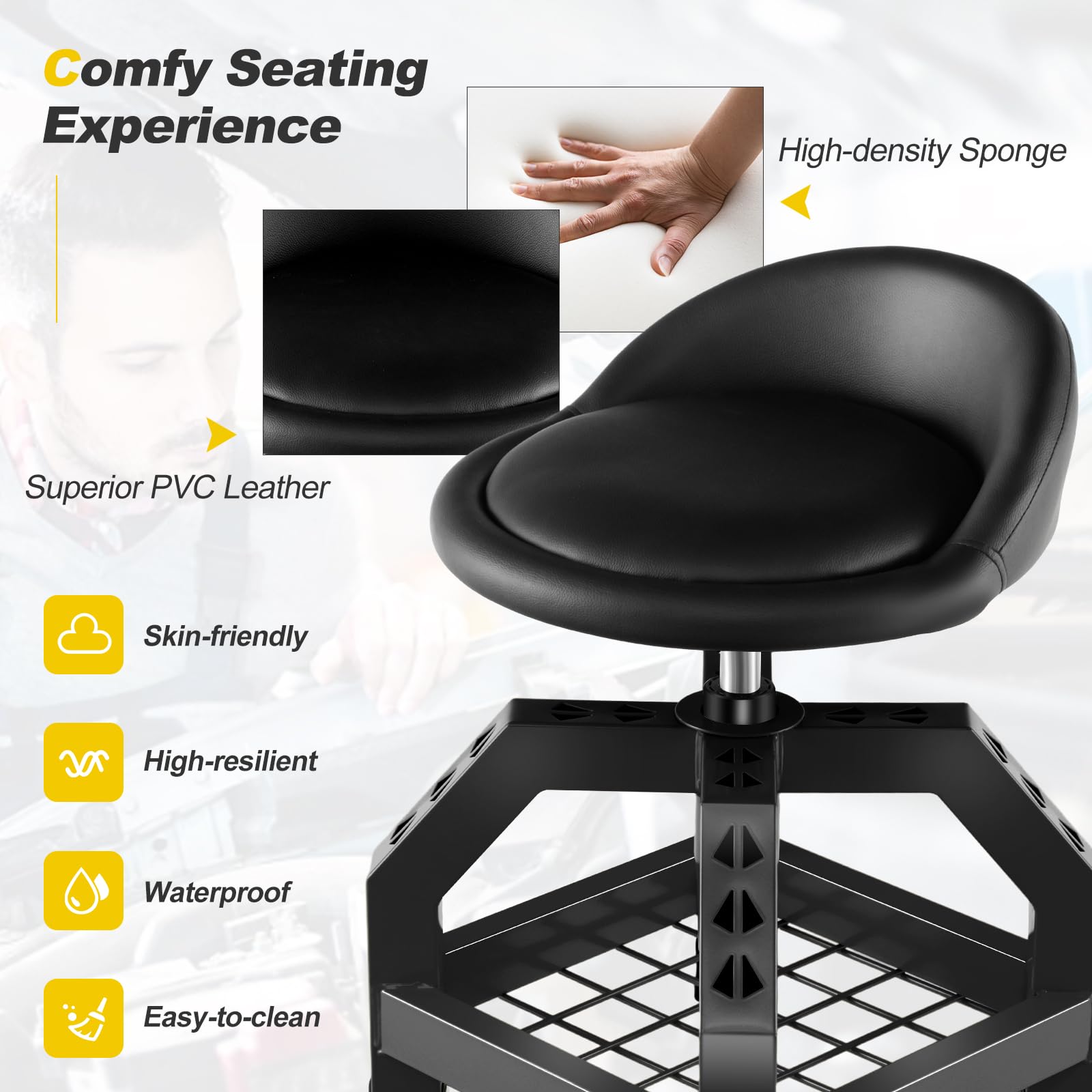 Mechanic Stool with Wheels, Adjustable Height Swivel Shop Stool Roller Seat with Tool Tray