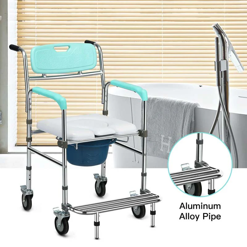 4 in 1 Bedside Commode Chair Transport Shower Wheelchair Toilet Chair with Folding Pedal