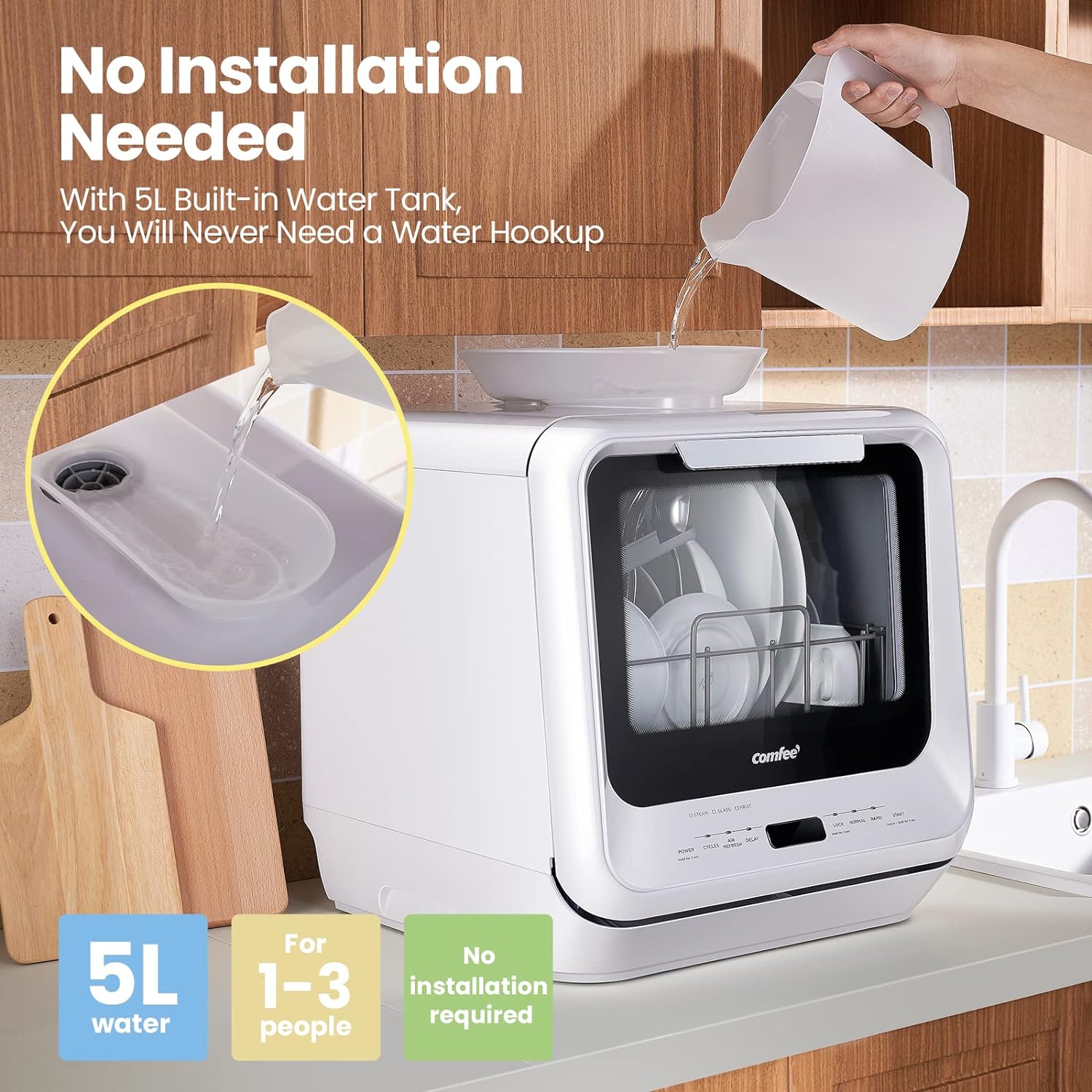 COMFEE' Portable Dishwasher Countertop with 5L Built-in Water Tank, No Hookup Needed, 6 Programs, 360�� Dual Spray, 192??High-Temp& Air-Dry Function, Mini Dishwasher for RVs, White