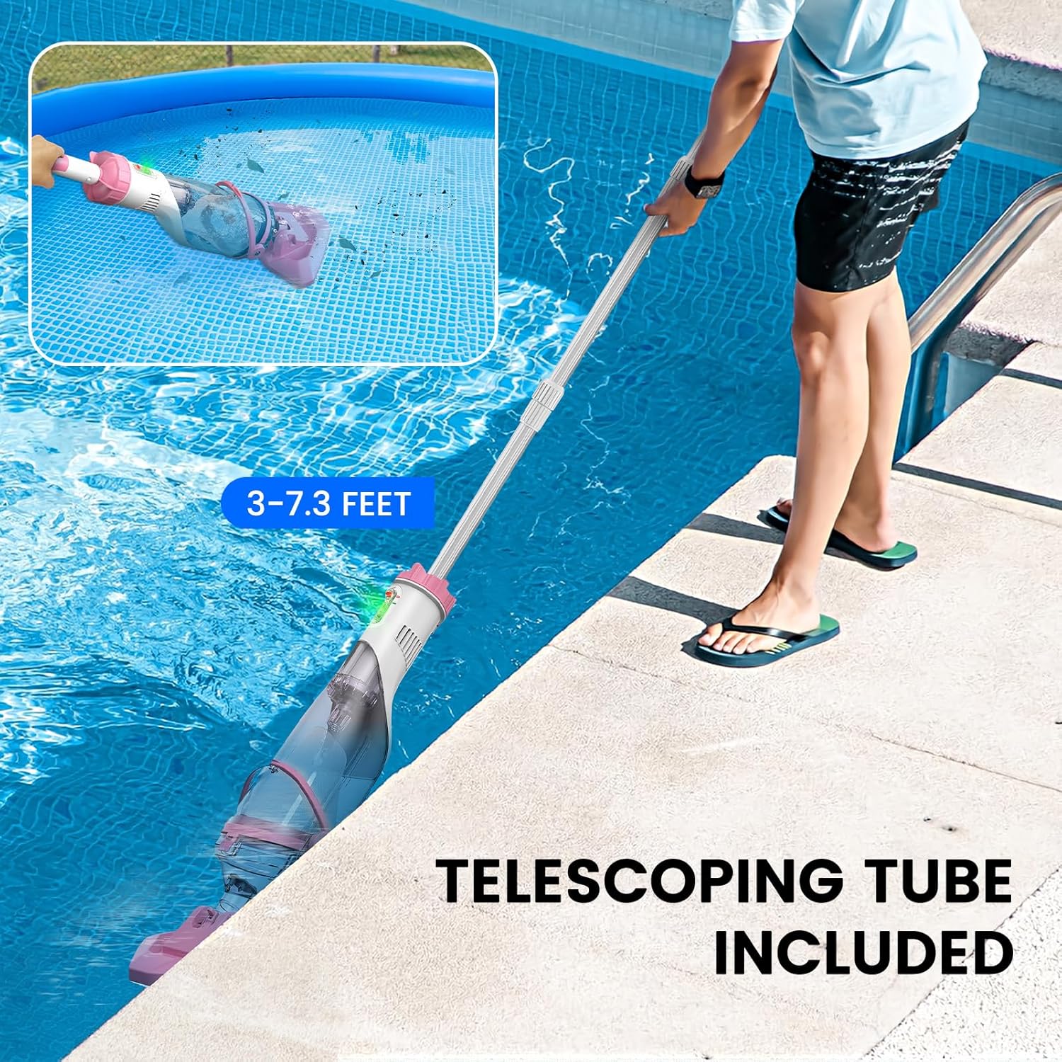 Pool Vacuum for Above Ground Pool with a Telescopic Pole, Running time up to 1H, T403 Handheld Rechargeable Pool Cleaner with Powerful Suction up to 18.5 gallons/min, Ideal for Leaves, Debris