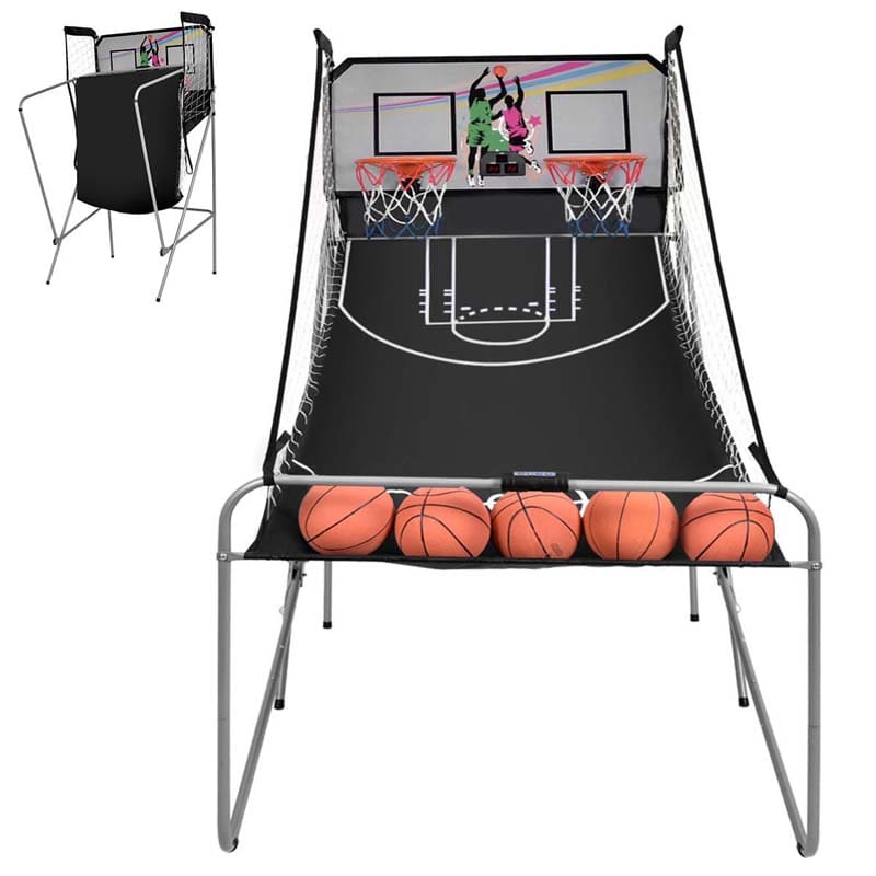 2 Player Foldable Basketball Arcade Game with 4 Balls, Indoor Double Shot Electronic Basketball Game