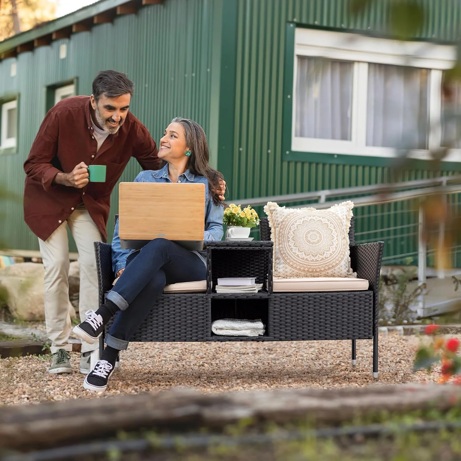 Outdoor Furniture Patio Loveseat Wicker 2-Seat with Built-in Table and Cushions Rattan Porch Chairs Bench for Balcony, Lawn, Backyard (Beige)