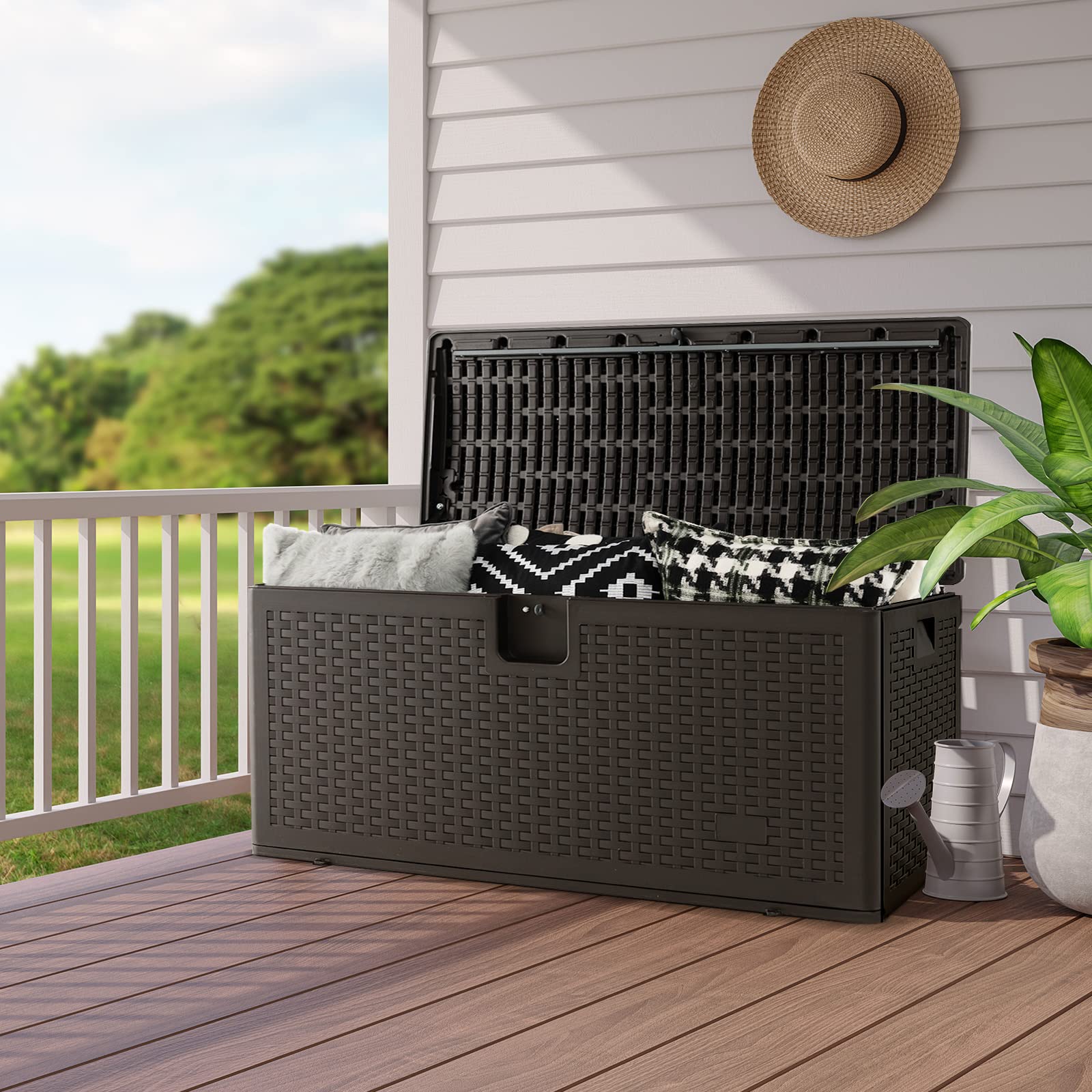 Outdoor Storage Box, 31 73 100 Gallon Waterproof Resin Patio Storage Box with Lockable Lid, Side Handle for Pillows, Cushions