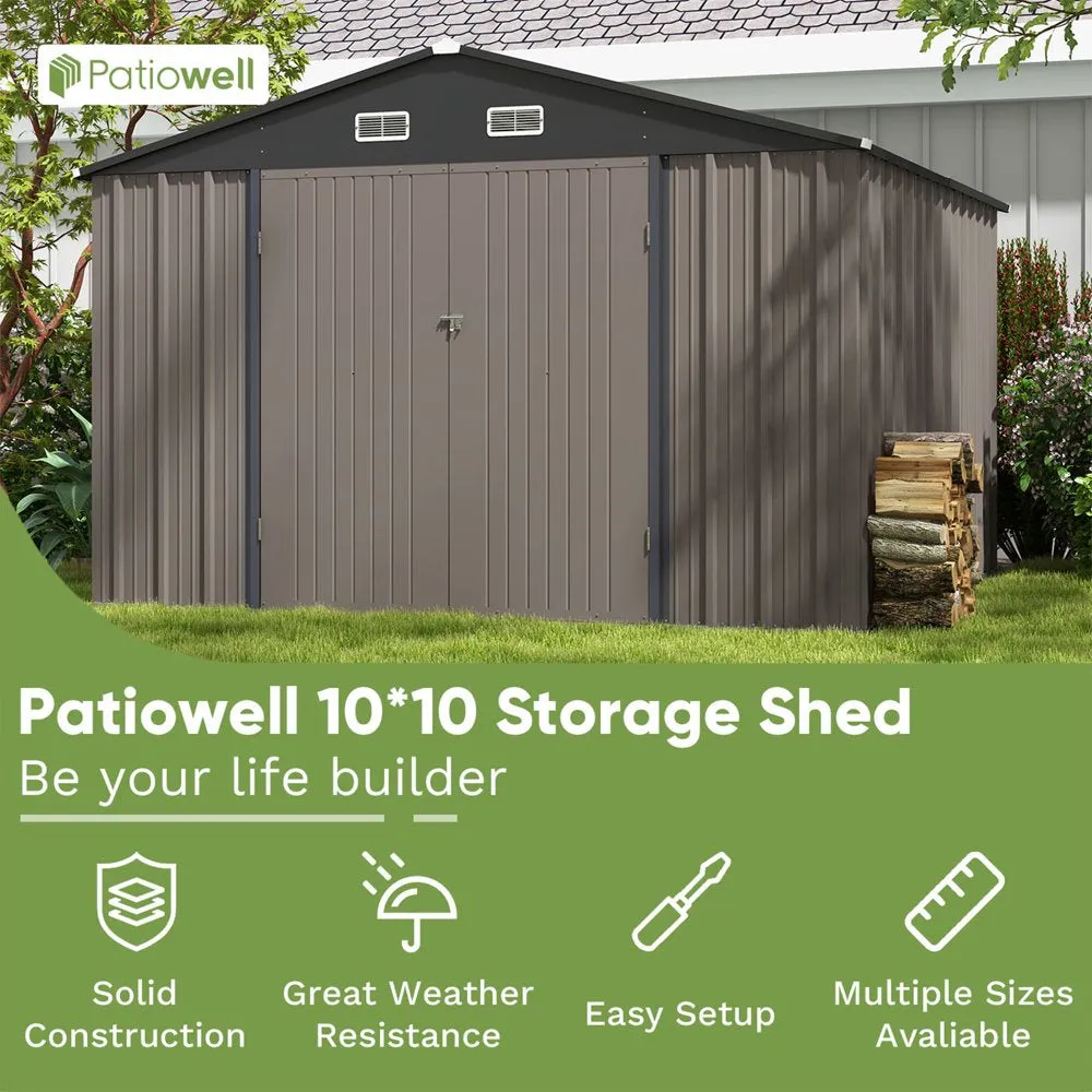Patiowell 10 x 10 ft Outdoor Storage Metal Shed with Sloping Roof and Double Lockable Door