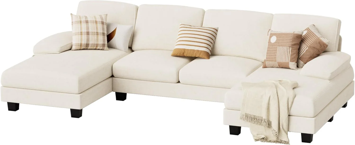 Sectional Couches for Living Room, U Shaped Couch with Chenille Fabric, 4 Seat Modern Sofa with Removable Pillows for Apartment and Small Space (Fabric, Grey)