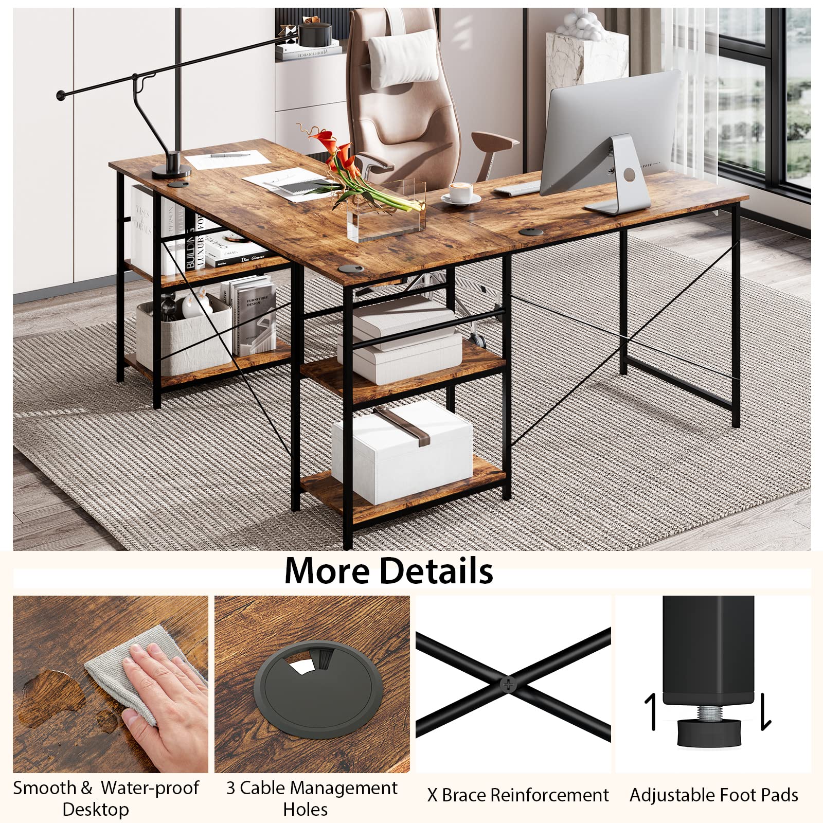 Giantex L-Shaped Desk with Storage Shelves, 242cm Wooden Corner Desk