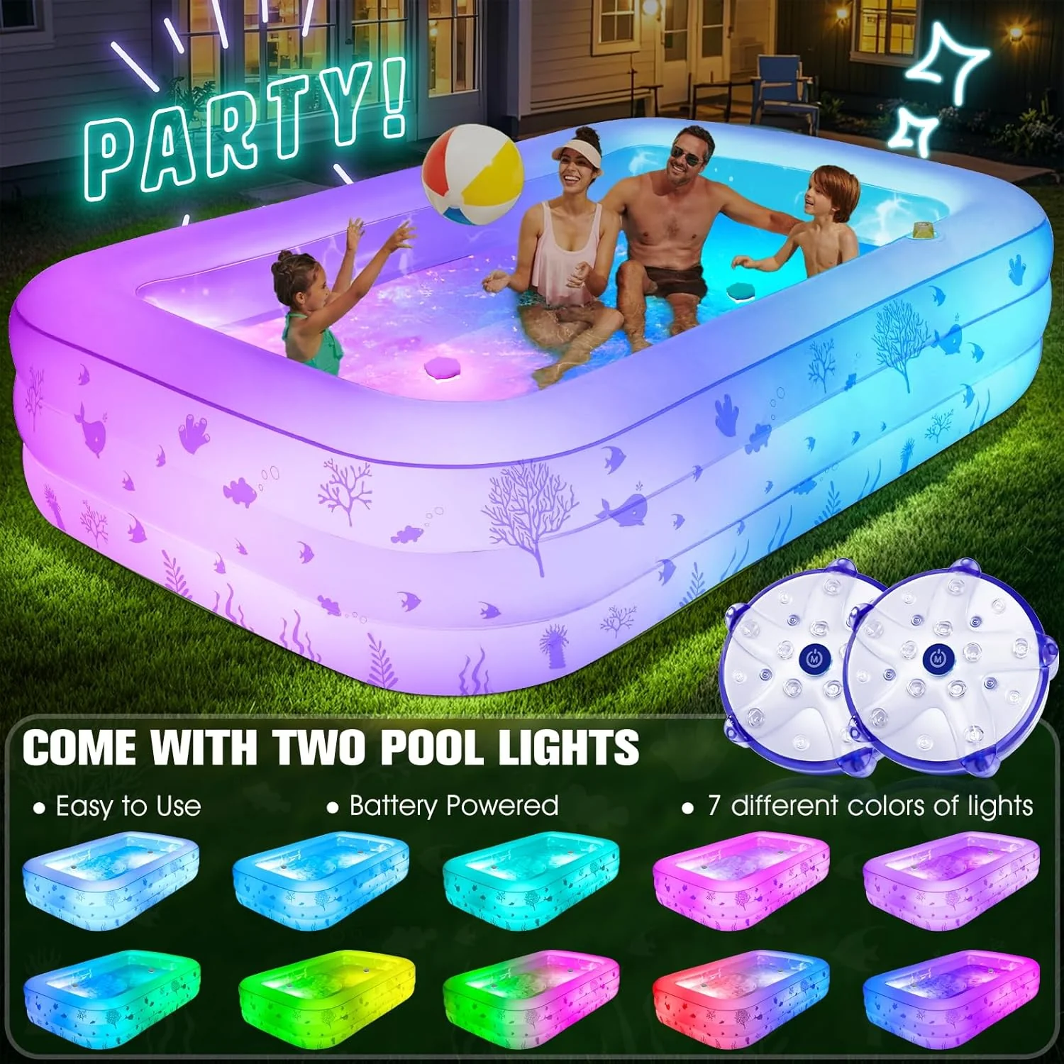 Inflatable Pool with Seat and Pool Lights, Durable Thickened Large Size Family Inflatable Pools for Adults Blow Up Pools,105