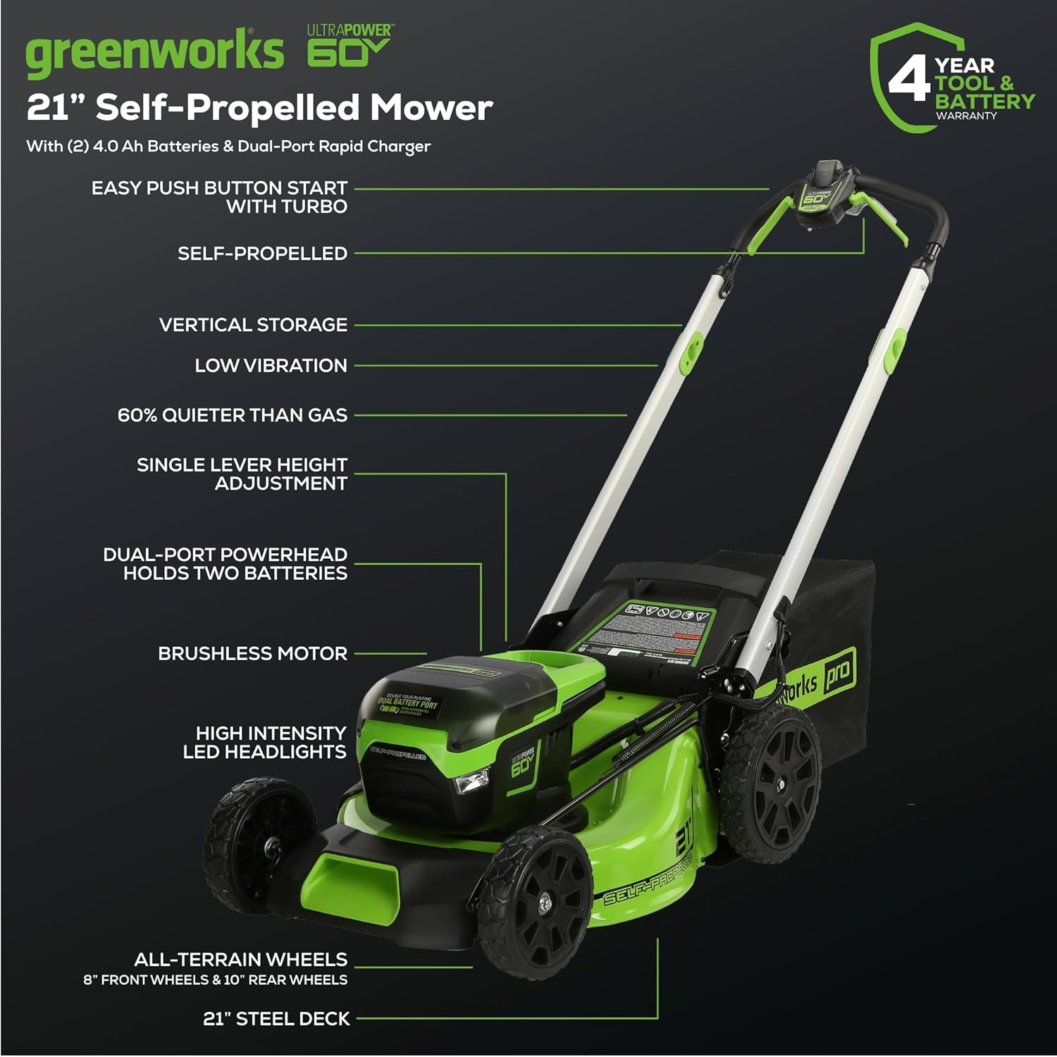 Greenworks 60V 21??Cordless (Self-Propelled) Lawn Mower , 2 x 4.0Ah Batteries and Dual Port Rapid Charger