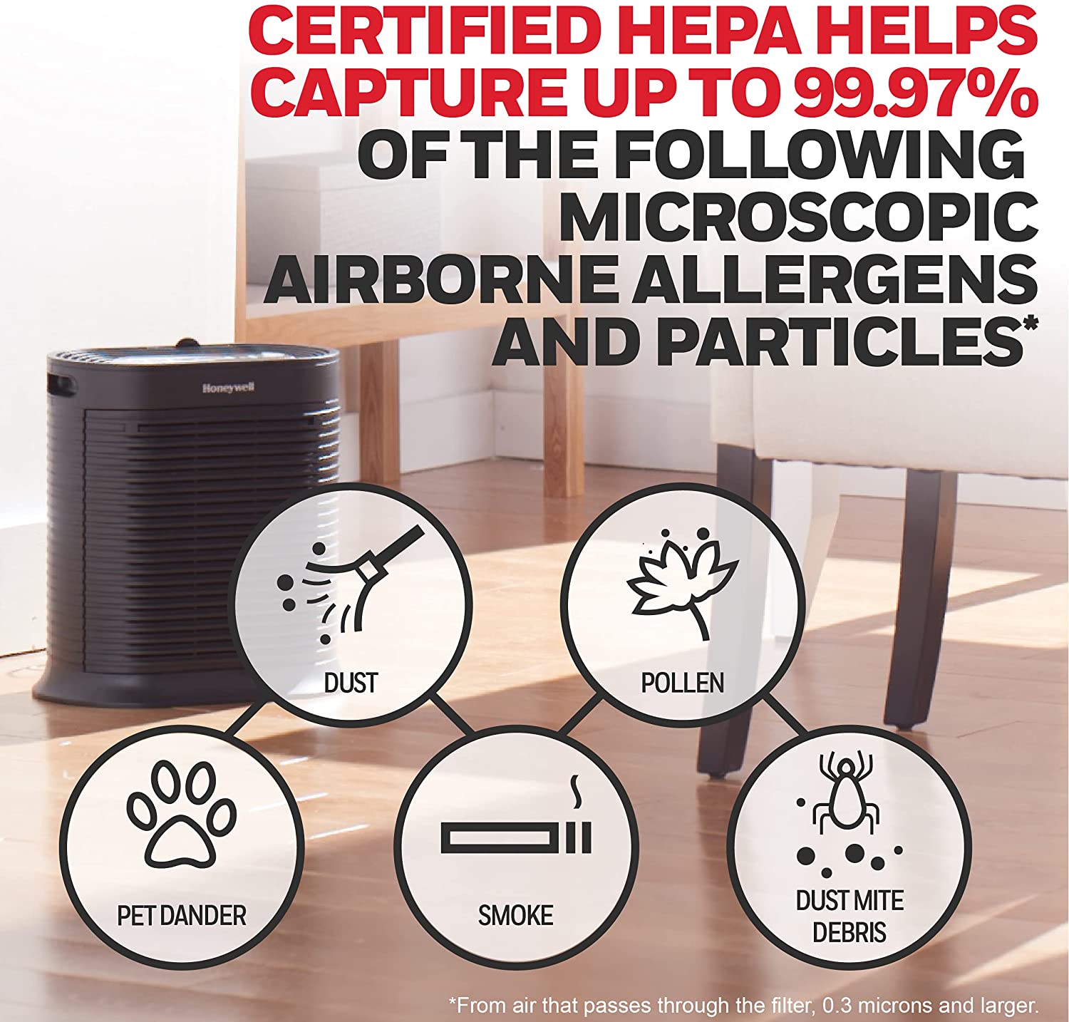 Honeywell HPA100 HEPA Air Purifier for Medium Rooms, 155 sq. ft, Allergen Plus Series, 4 Cleaning Levels