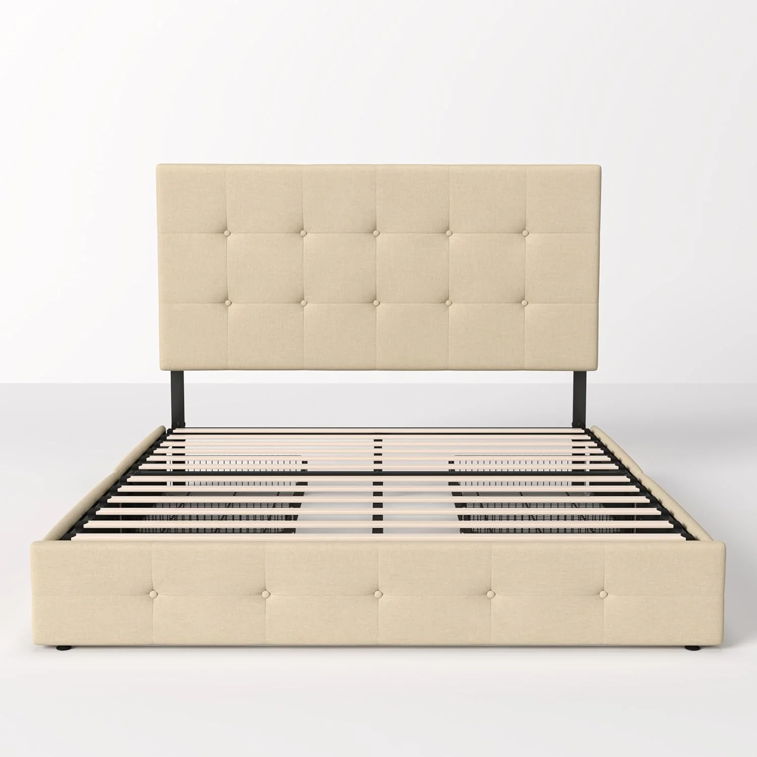 Allewie Upholstered Queen Size Platform Bed Frame with 4 Storage Drawers and Headboard, Square Stitched Button Tufted, Mattress Foundation with Wooden Slats Support, No Box Spring Needed, Light Grey
