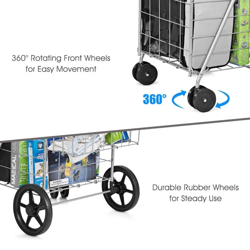 Jumbo Folding Shopping Cart Large Rolling Grocery Utility Cart with Double Basket & 360�� Swivel Wheels