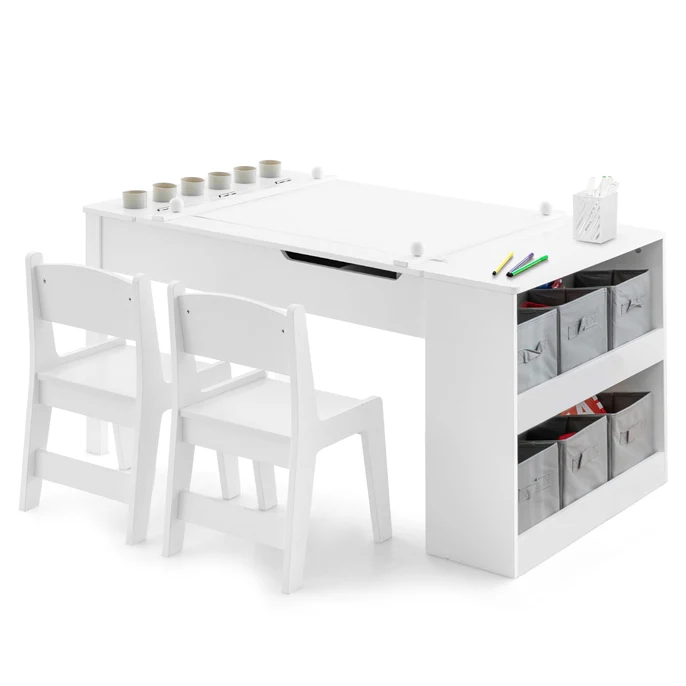 Kids Table and Chairs Set, 2 in 1 Wooden Art Table & Easel Set for Children with 2 Chairs