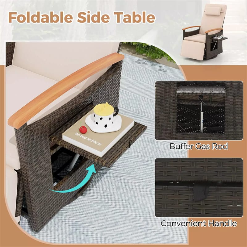 Outdoor 360?? Swivel Rattan Recliner Chair with Adjustable Backrest & Footrest, Patio Wicker Chaise Lounge Chair with Flip Side Table & Cushion