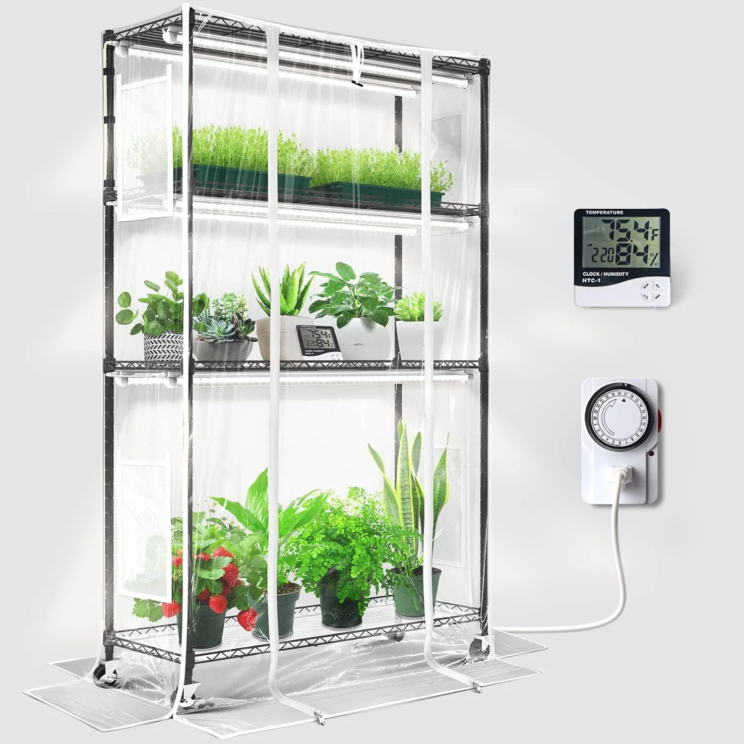 Mini Greenhouse with LED Grow Light for Indoor Plant, 4-Tier Portable Metal Plant Stand with Wheels, Plant Shelf with Tent, 6Pcs Plant Light with Timer and Thermo-Hygrometer, 35.4x13.8x59IN
