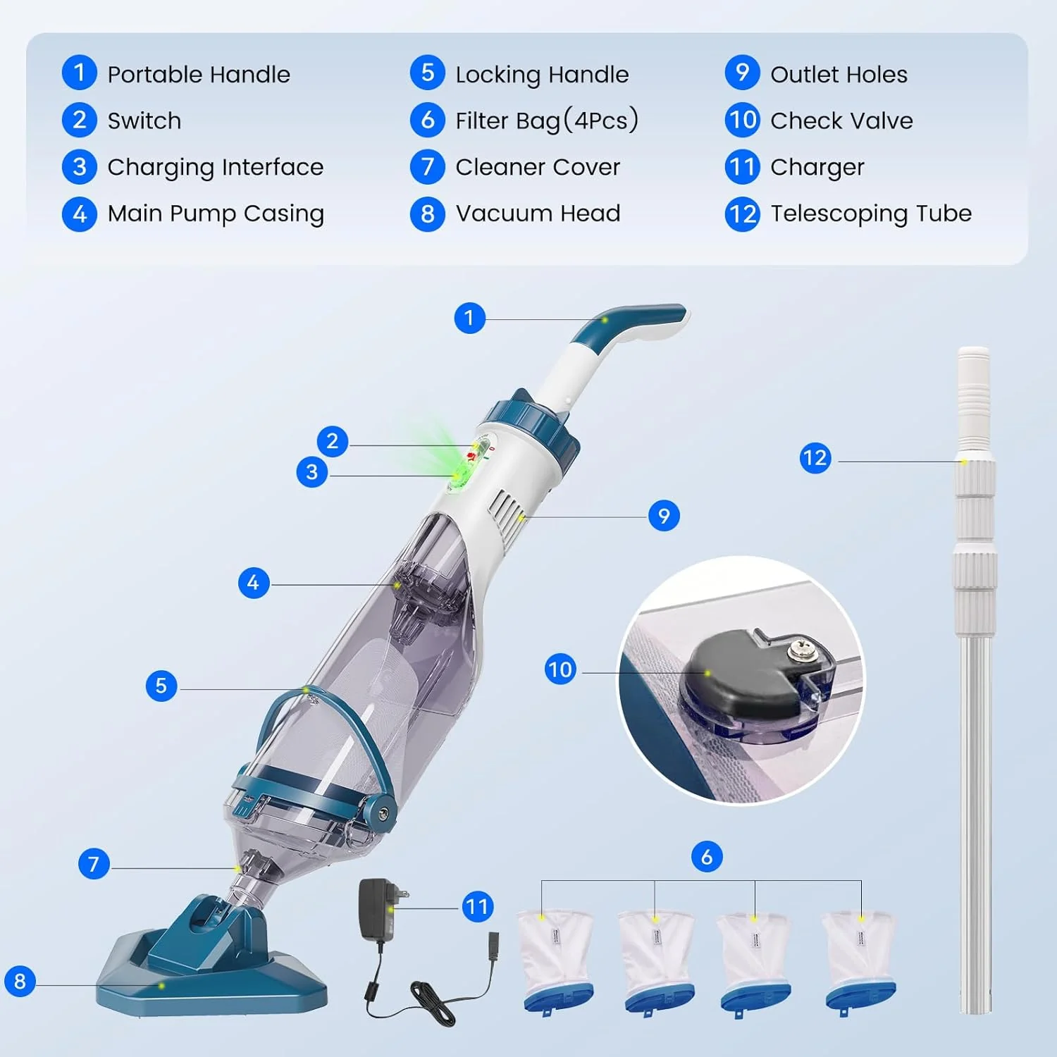 Pool Vacuum for Above Ground Pool with a Telescopic Pole, Running time up to 1H, T403 Handheld Rechargeable Pool Cleaner with Powerful Suction up to 18.5 gallons/min, Ideal for Leaves, Debris